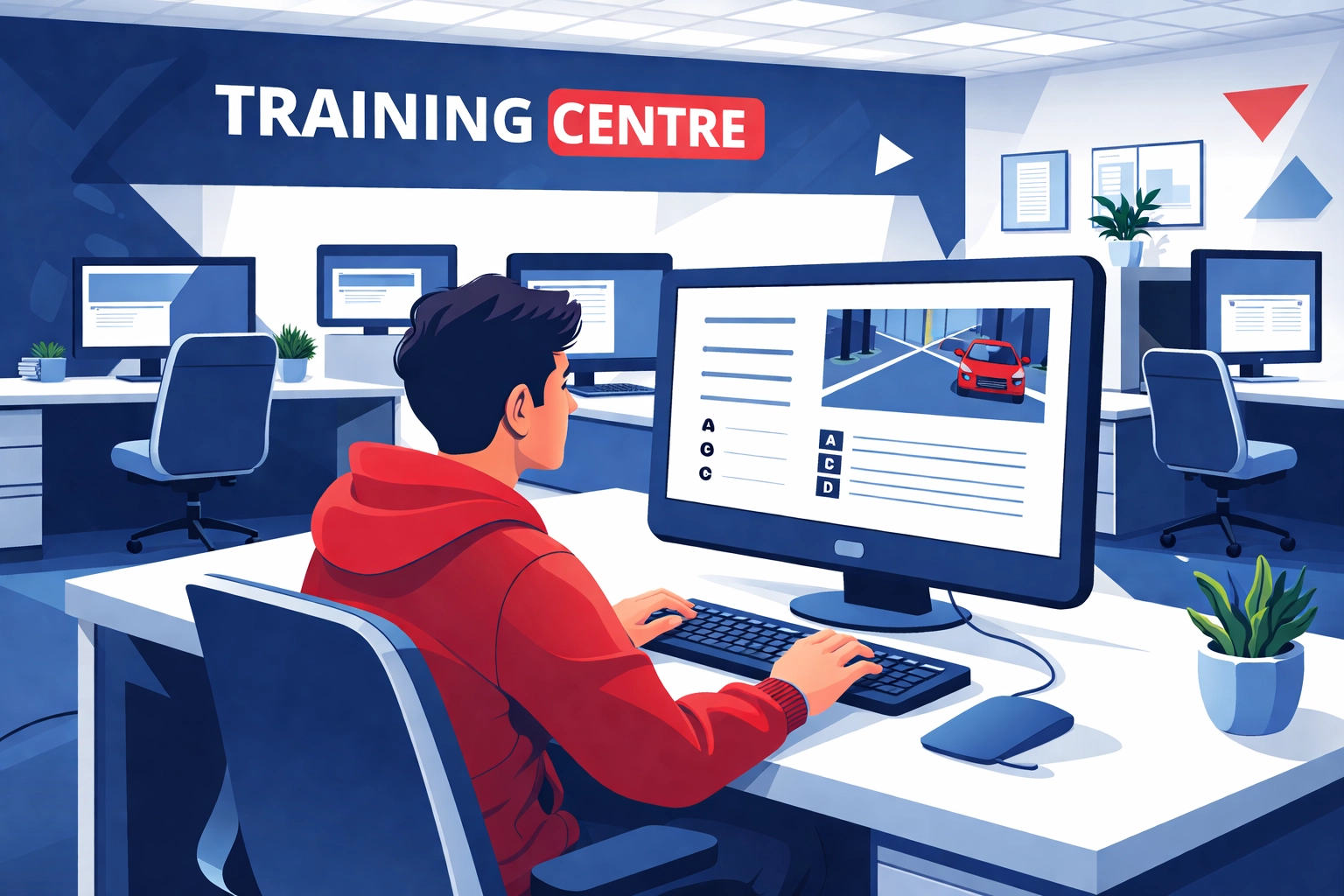 Driver completing a digital ADR exam at a modern training centre in Falkirk