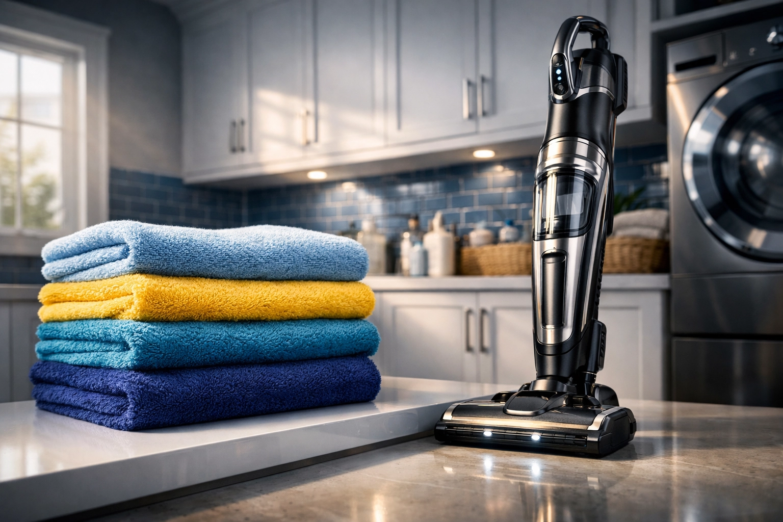Organized microfiber cloths and vacuum cleaner representing professional house cleaning Lowell MA standards.