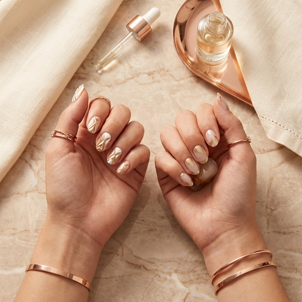 Comparison of two manicures showing fresh 3D sculptural nail art with gold and white designs symbolizing long-lasting wear