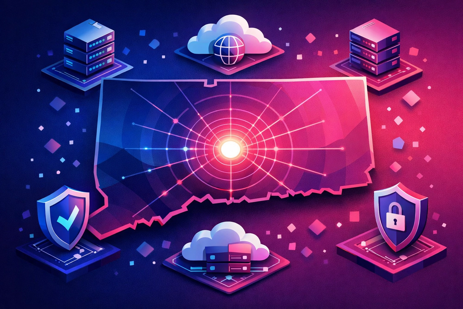Digital map of Connecticut with tech icons highlighting local IT support and global infrastructure standards.
