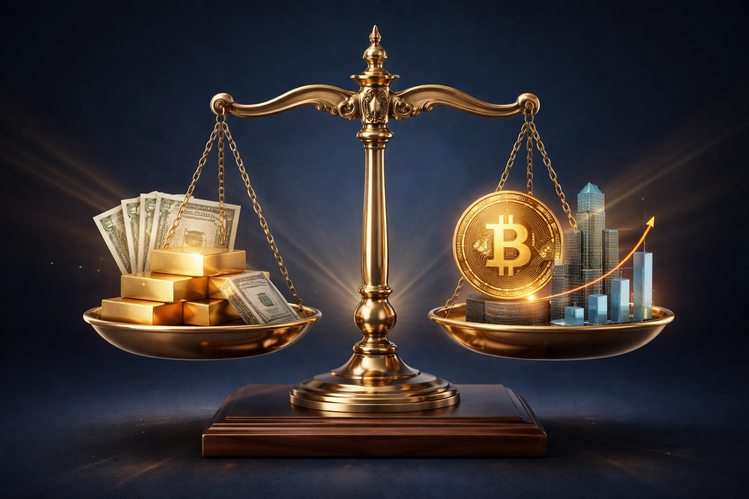 Balanced scale showing traditional financial assets and alternative investments like Bitcoin, illustrating diversified portfolio strategies for high-net-worth individuals.