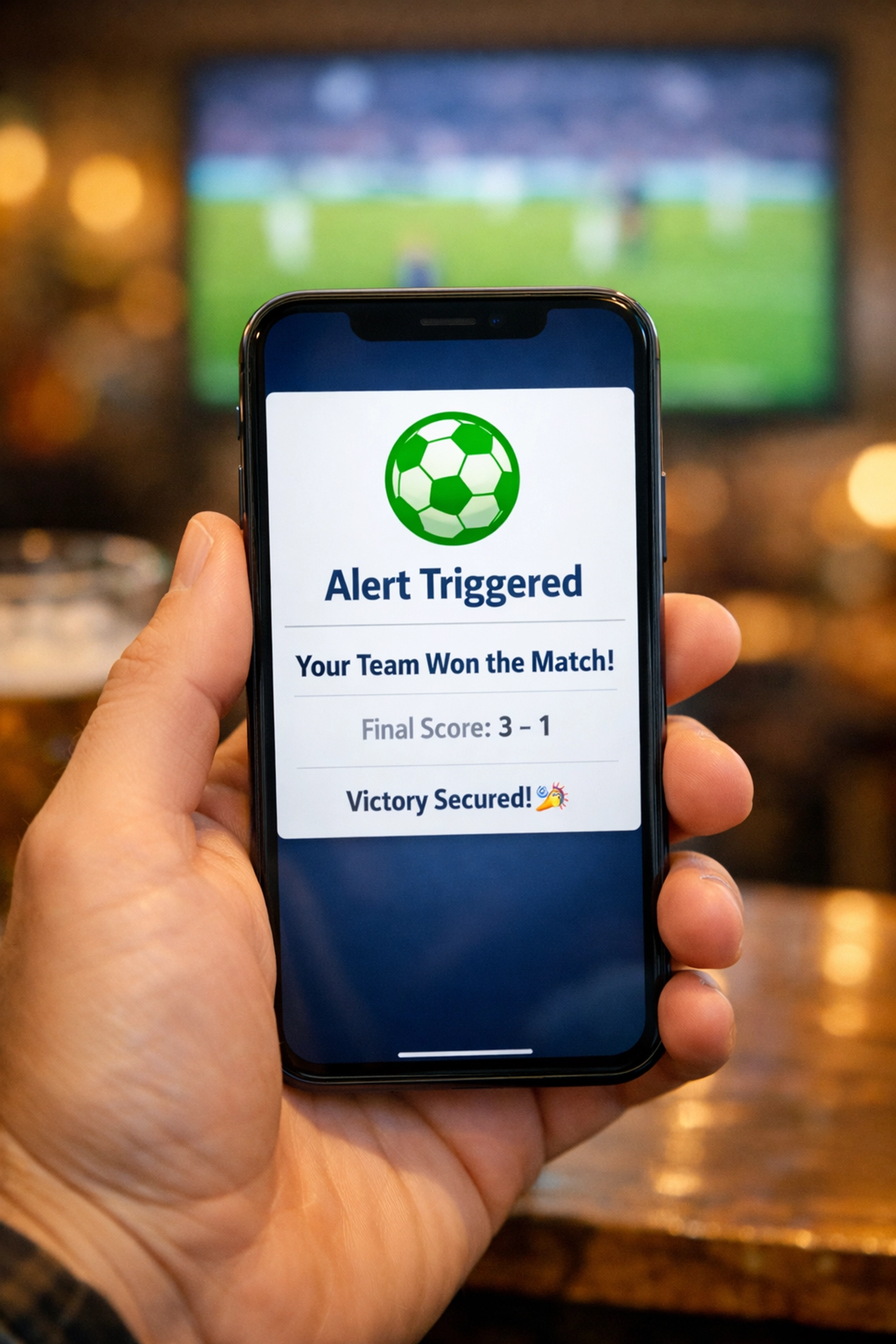 A smartphone displaying an in-play alert for a late goal betting strategy while watching a football match.