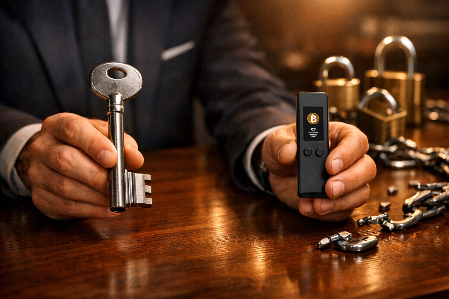 Hardware crypto wallet and vault key representing self-custody vs centralized payment control