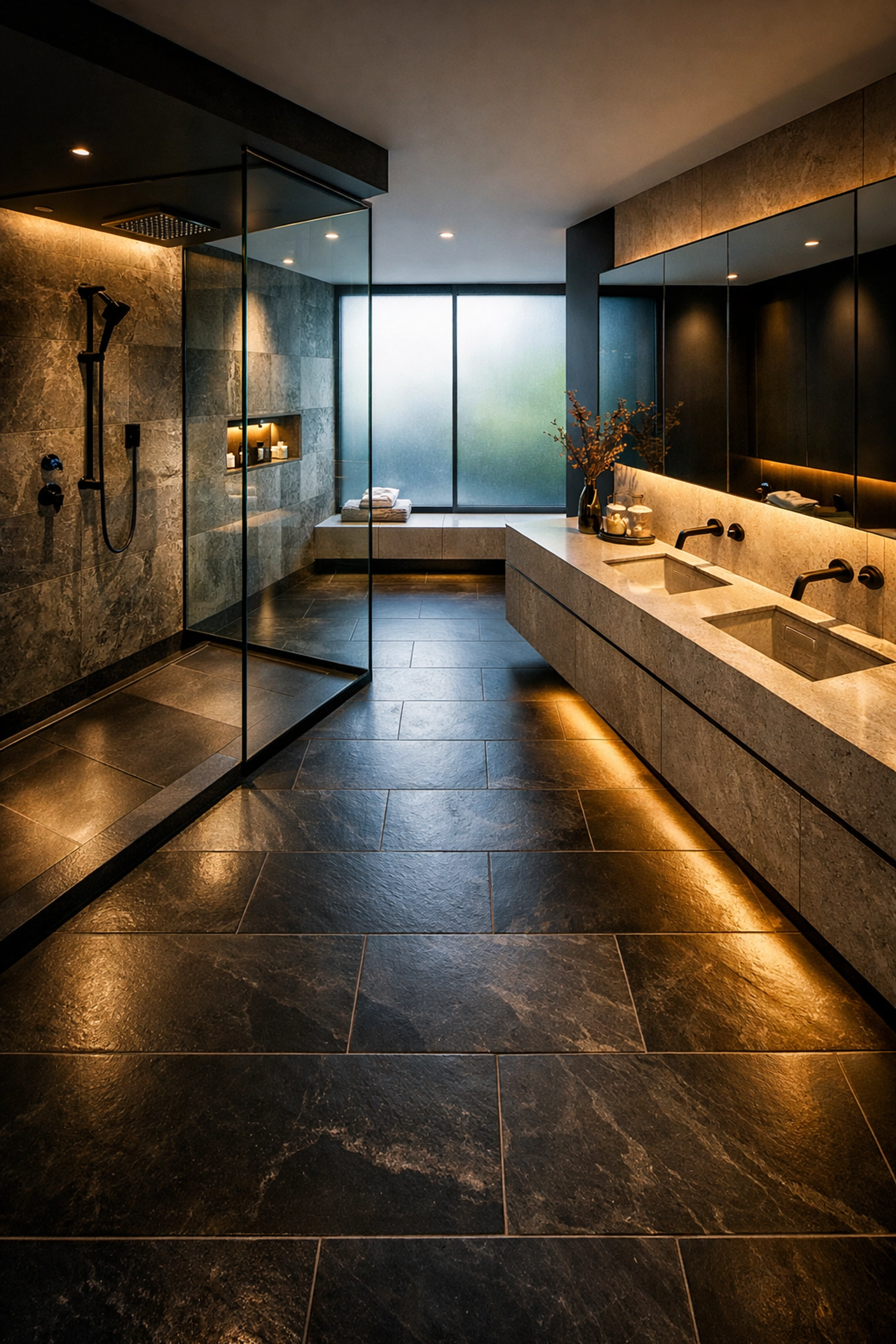 A spacious and well-planned modern bathroom layout in West Sussex featuring a glass walk-in shower and slate flooring.