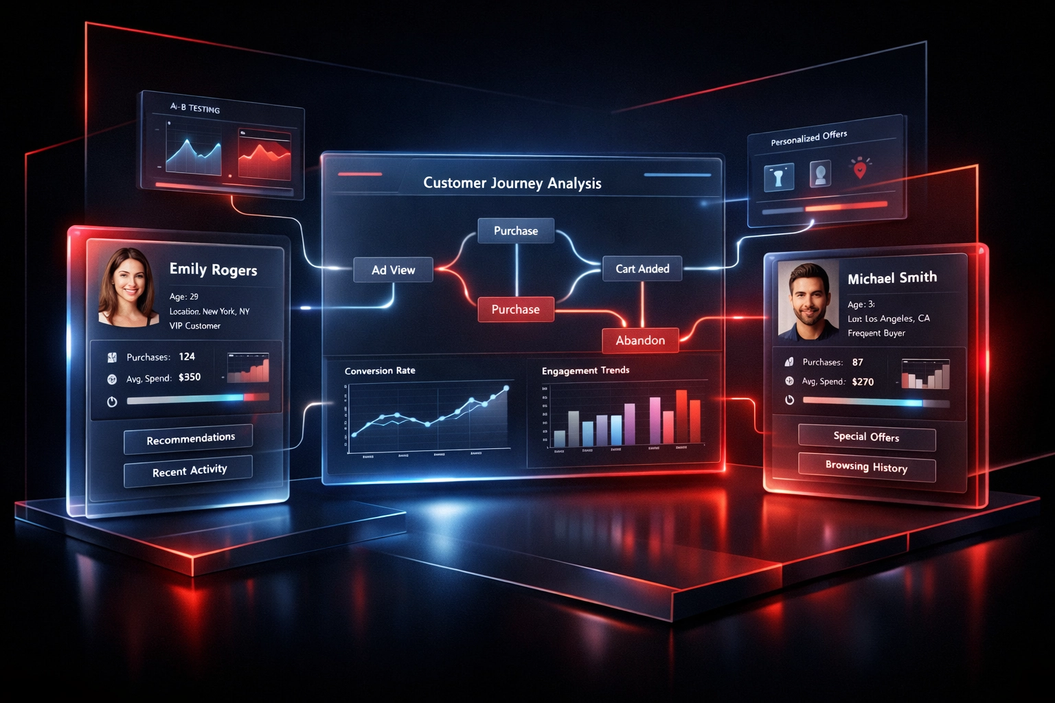 AI personalization dashboard displaying customer journey data and conversion analytics