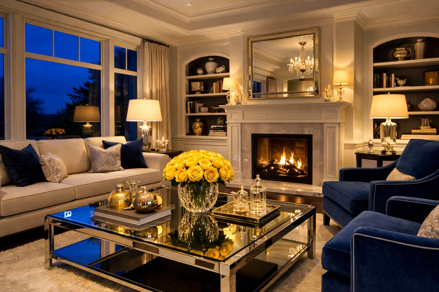 A spotless luxury living room at dusk, expertly maintained by top professional cleaners Wellesley MA.