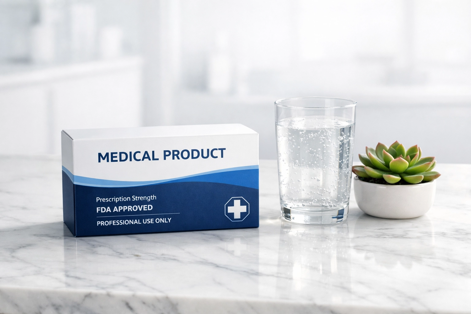 Wegovy brand-name weight loss medication packaging in a bright, modern clinical setting.