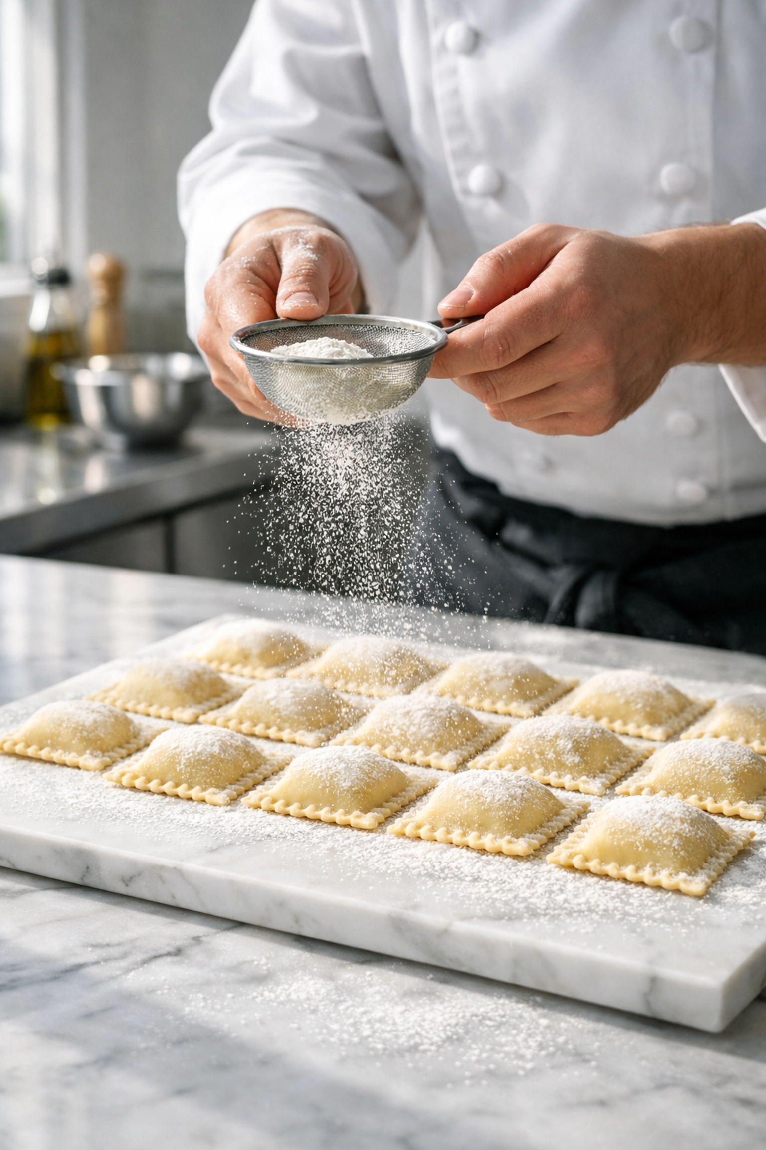 Professional chef preparing hand-cut square ravioli on a marble pastry board in a modern kitchen.