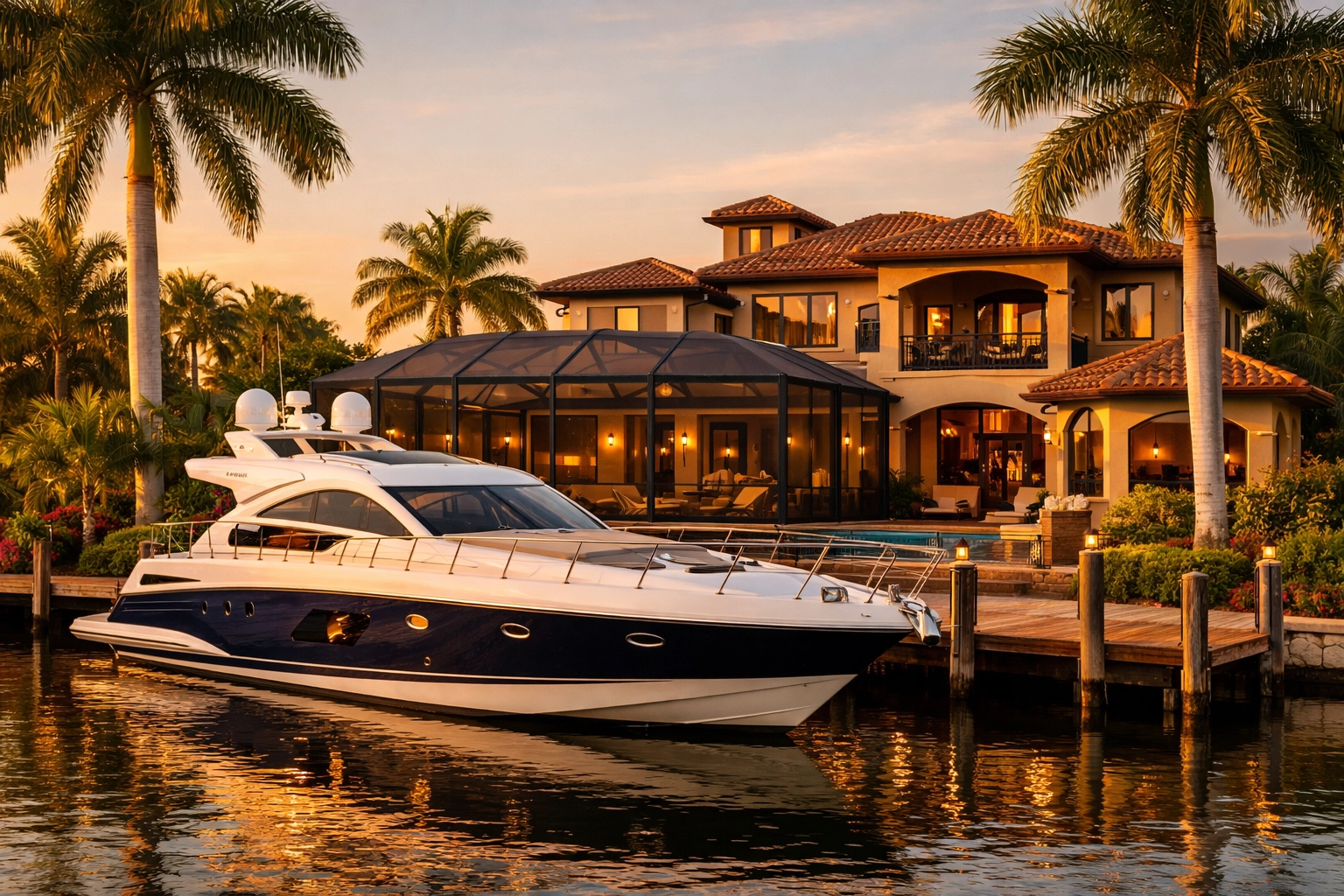 Luxury waterfront home in Cape Harbour, Southwest Cape Coral, with a private dock and boat on a saltwater canal.