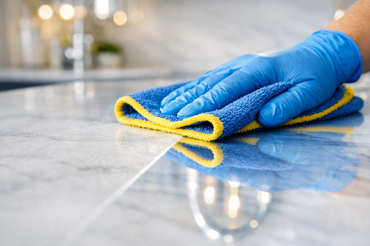 Professional cleaning showing a high-gloss marble countertop in a Sudbury kitchen.