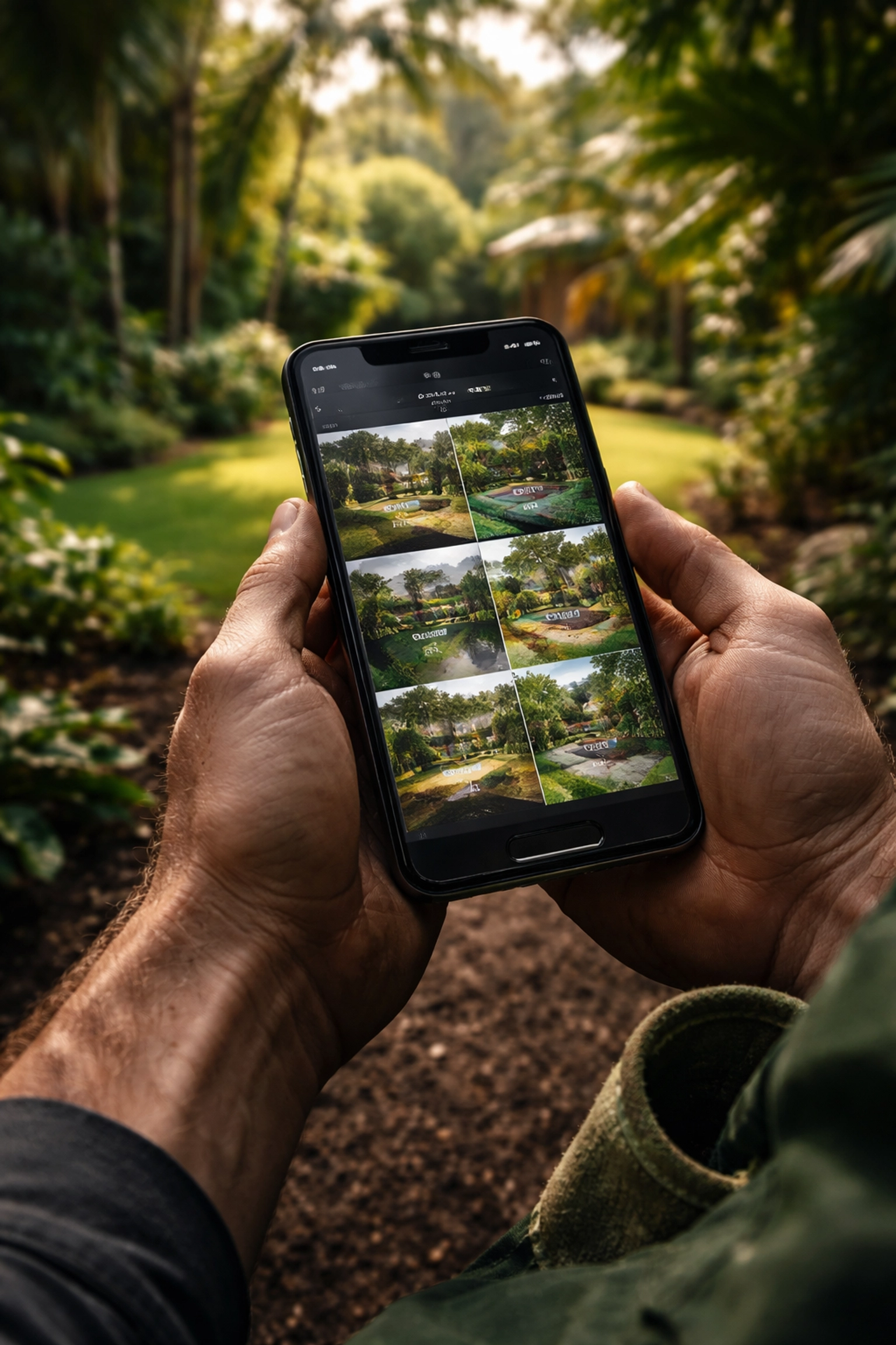 Landscaper using smartphone to update Brisbane garden portfolio, showcasing seasonal project transformations