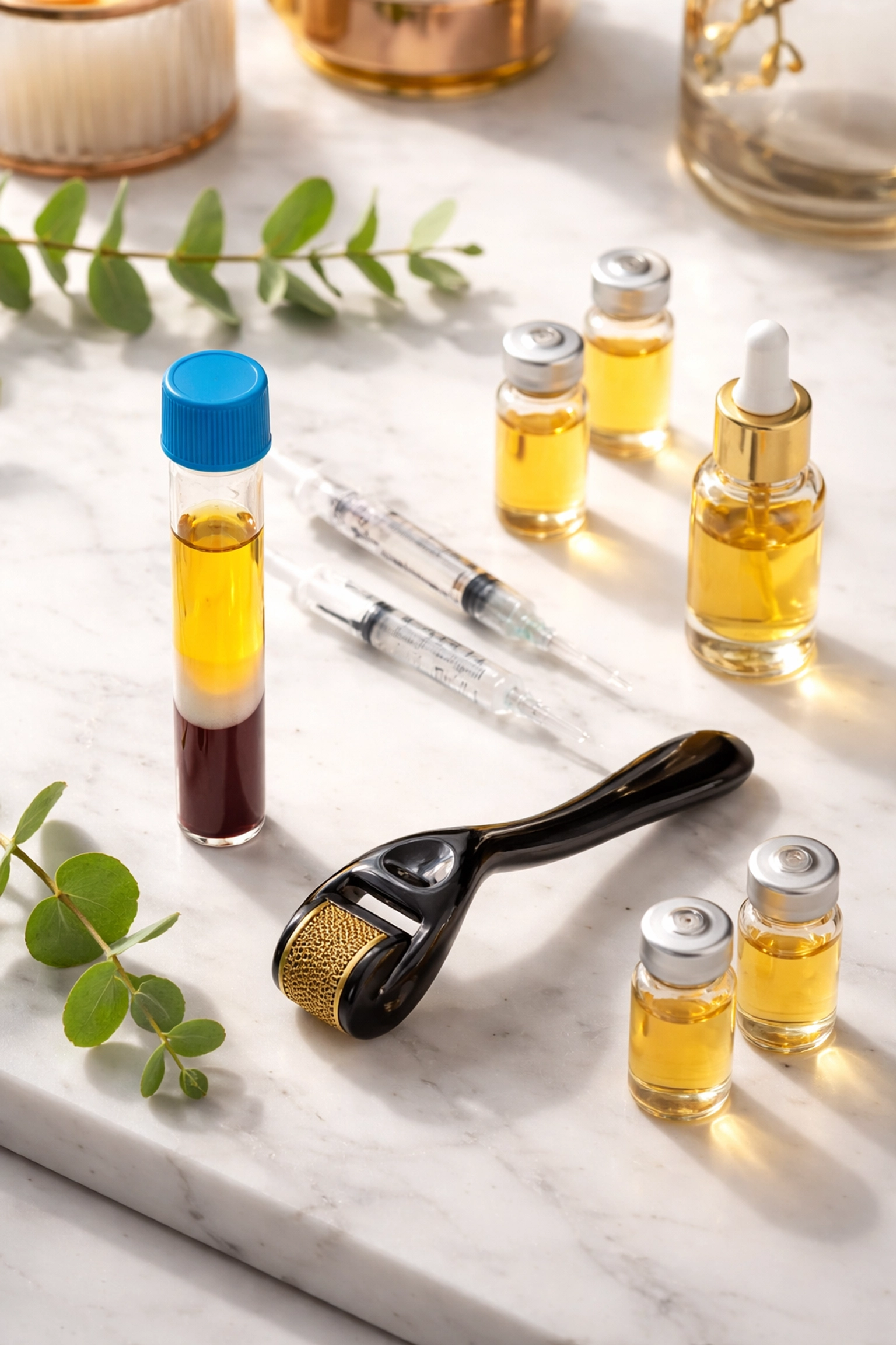 A display of professional hair restoration tools and serums used in Omaha's personalized hair growth treatments.