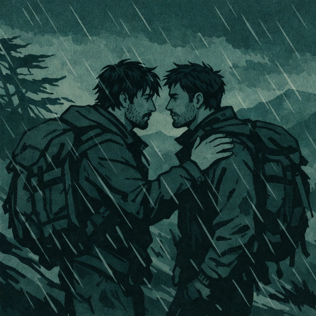 Gay couple connects during mountain storm - outdoor MM romance and adrenaline-fueled attraction