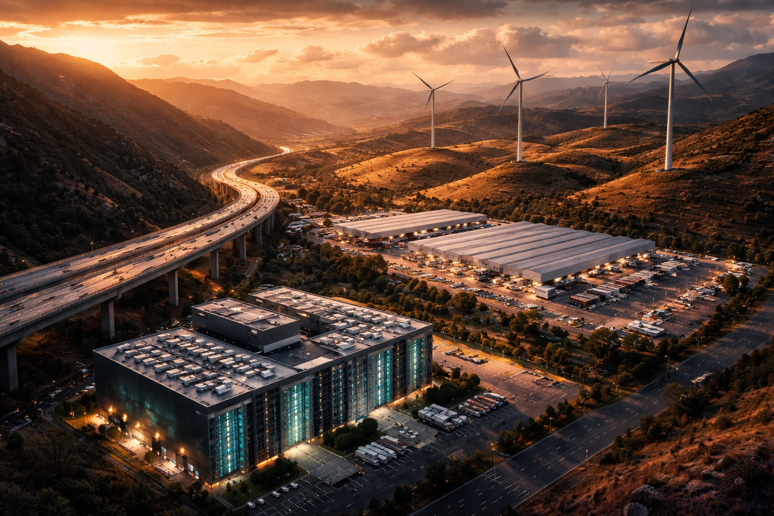 Aerial view of real assets: highways, data center, warehouse, and wind turbines highlighting investment opportunities.