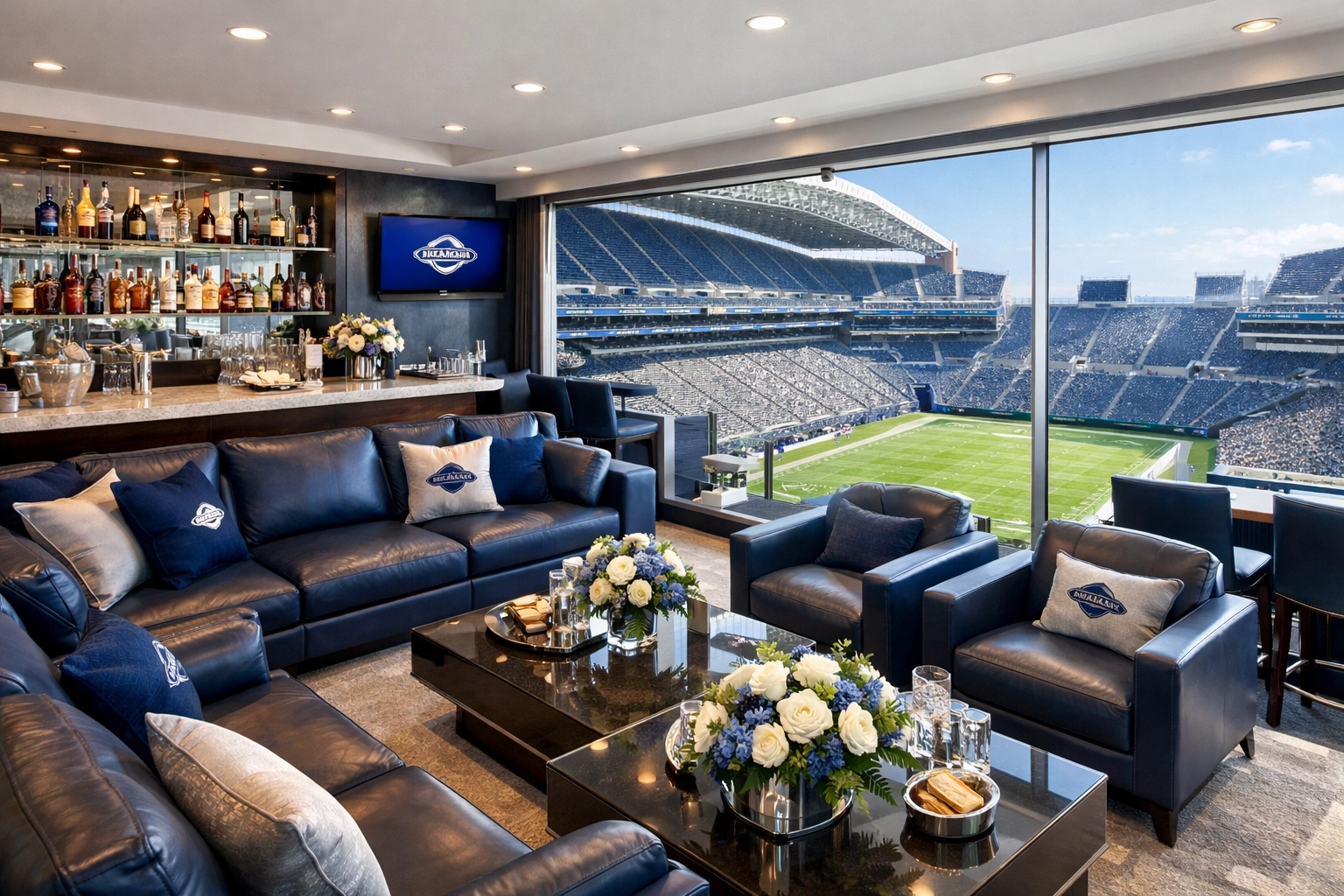 Boost Your Brand Visibility at the Super Bowl Instantly with These 5 VIP Hospitality Strategies Luxury Super Bowl executive suite with branded decor and premium hospitality seating