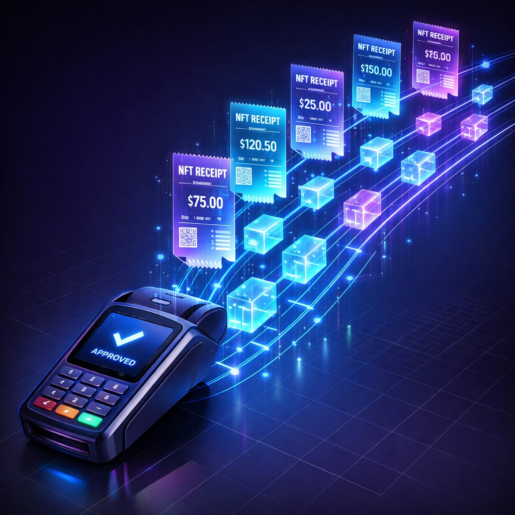 NFT receipt tokens for automated merchant accounting and transaction tracking