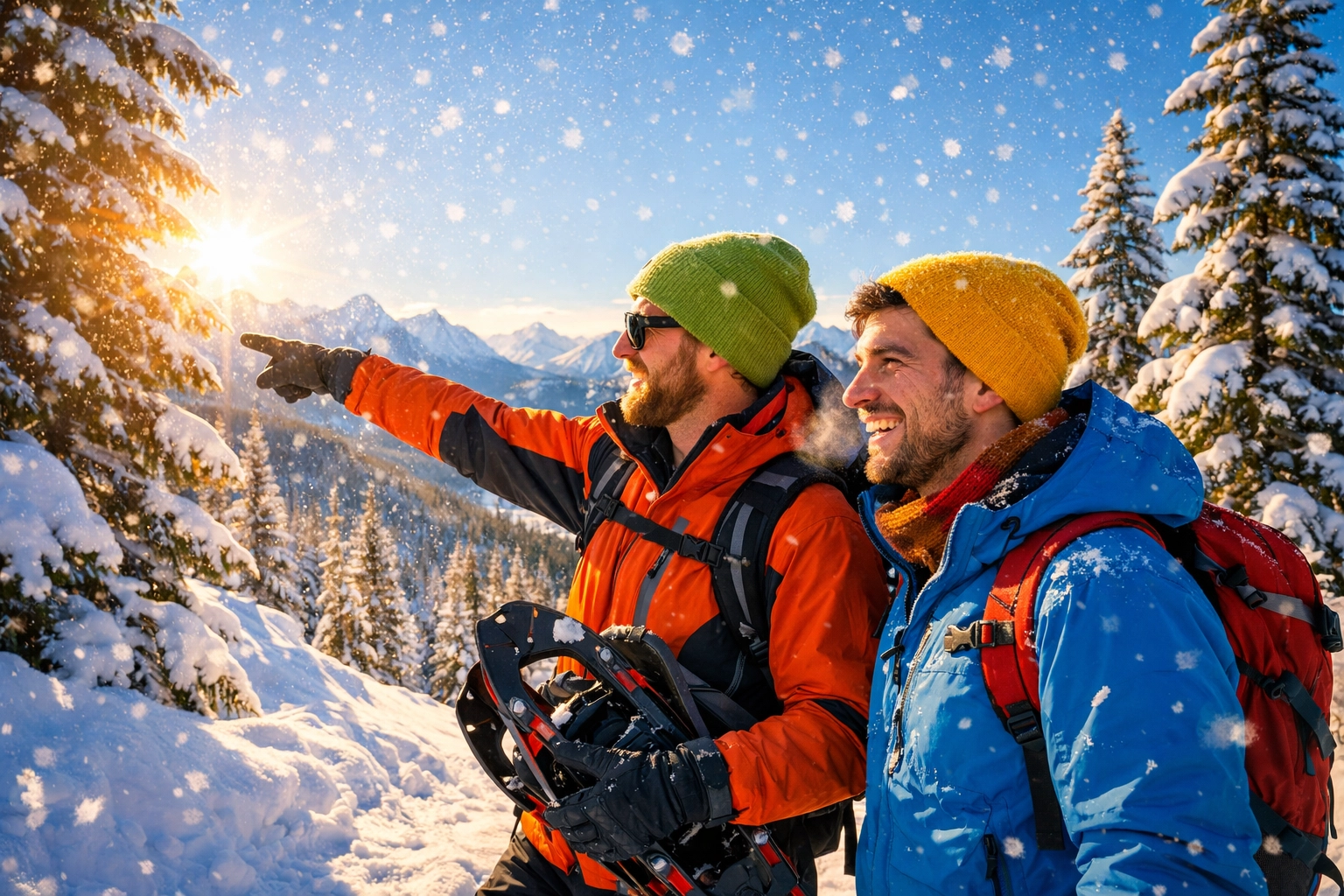 Gay couple enjoying outdoor winter activities and snowshoeing during a romantic cabin retreat.