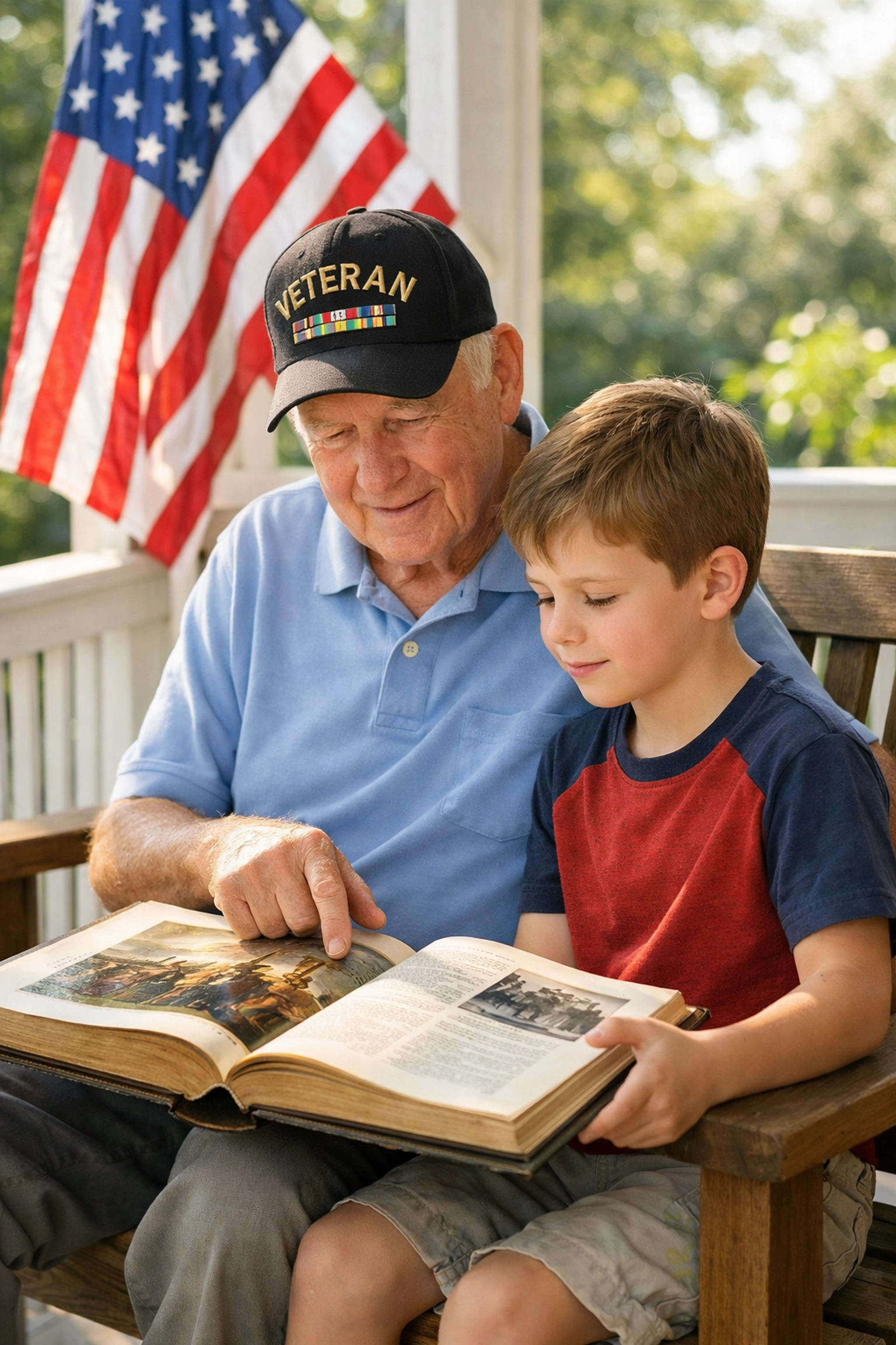 Elderly veteran teaching a young boy about American heritage to celebrate America’s 250th anniversary.