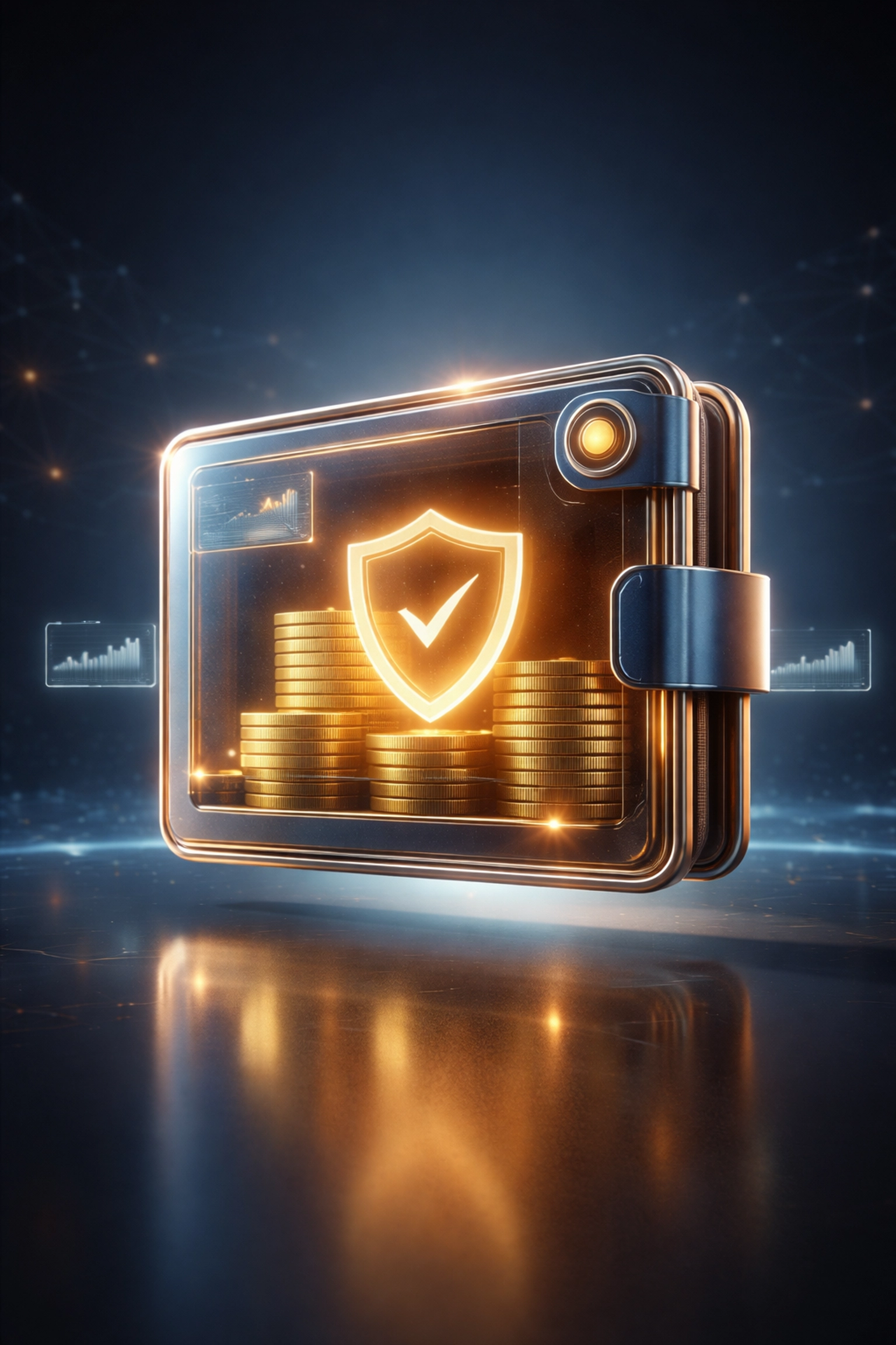 Digital wallet showing protected crypto coins and stable price charts, illustrating LUSD stablecoin benefits for secure merchant payments