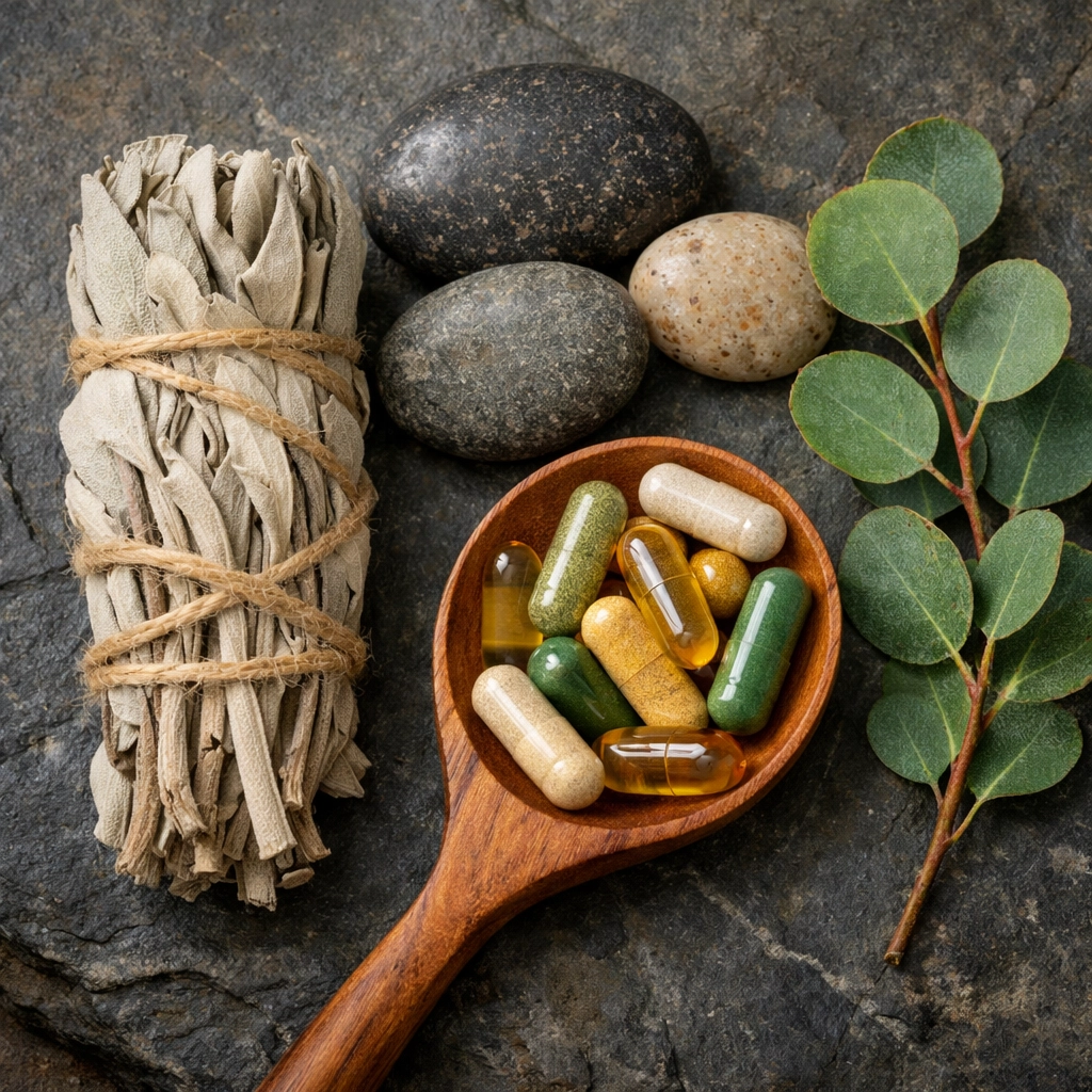 Holistic wellness items like herbal supplements and eucalyptus, showing a natural approach to recovery and health.