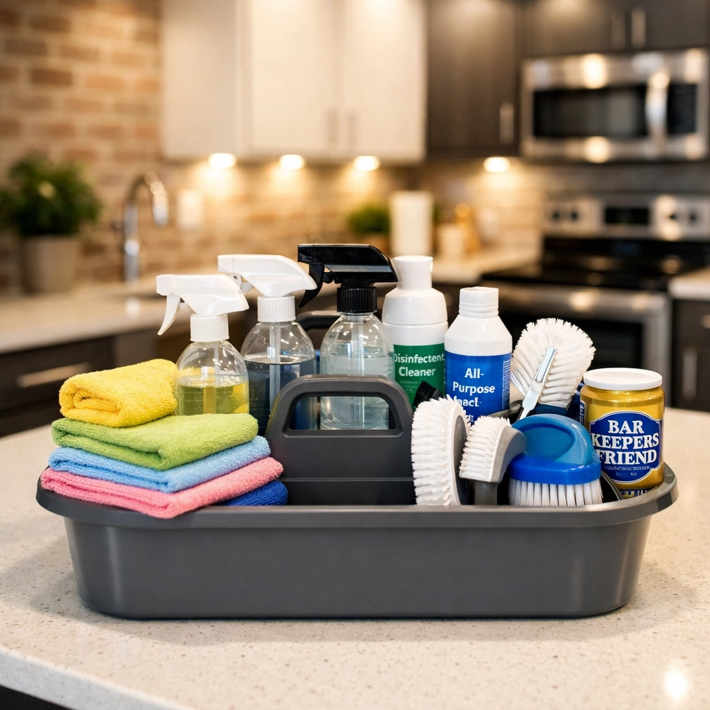 Organized professional cleaning supplies and tools ready for apartment turnover service