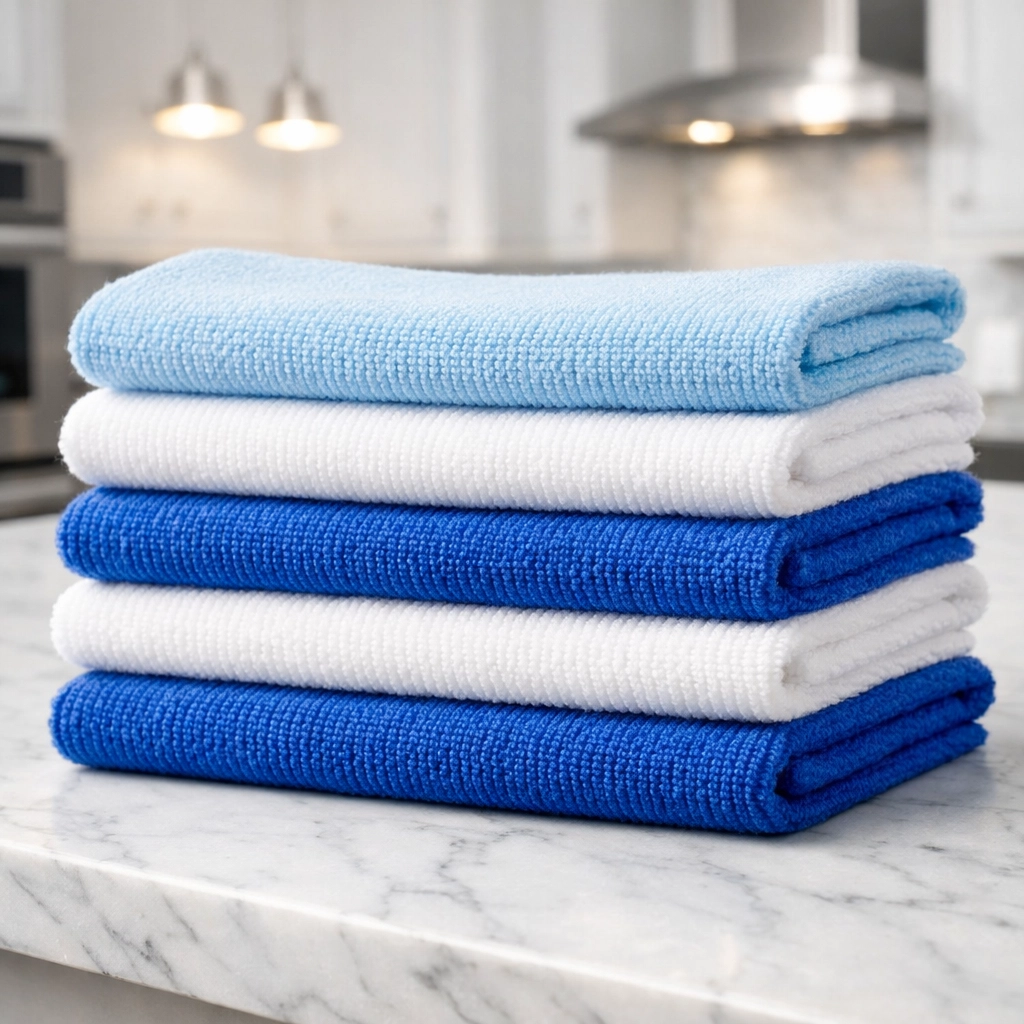 Maid service in Cambridge using fresh microfiber cloths on a high-end kitchen island for a streak-free clean.