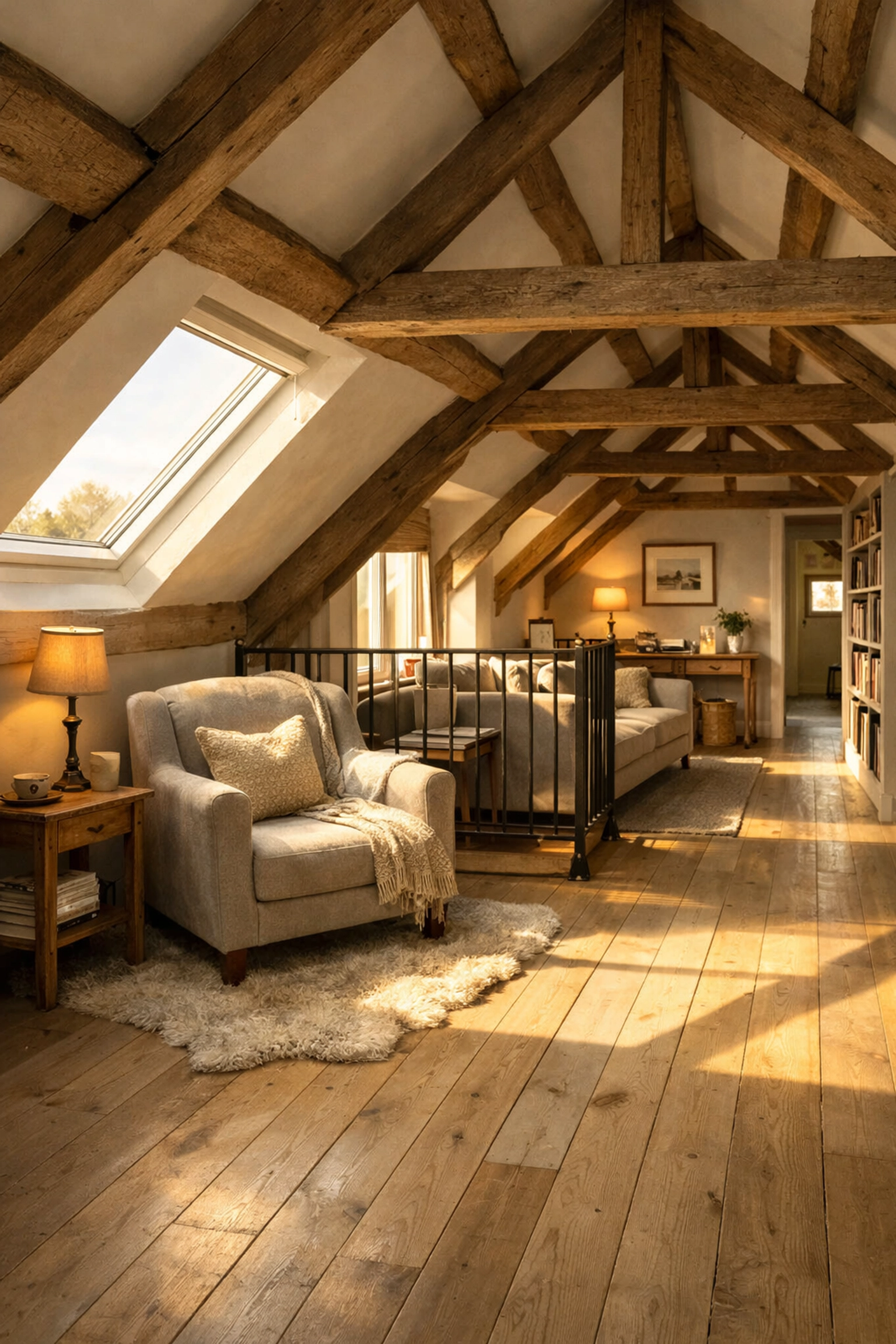 Completed loft conversion West Sussex with Velux skylight and reading nook