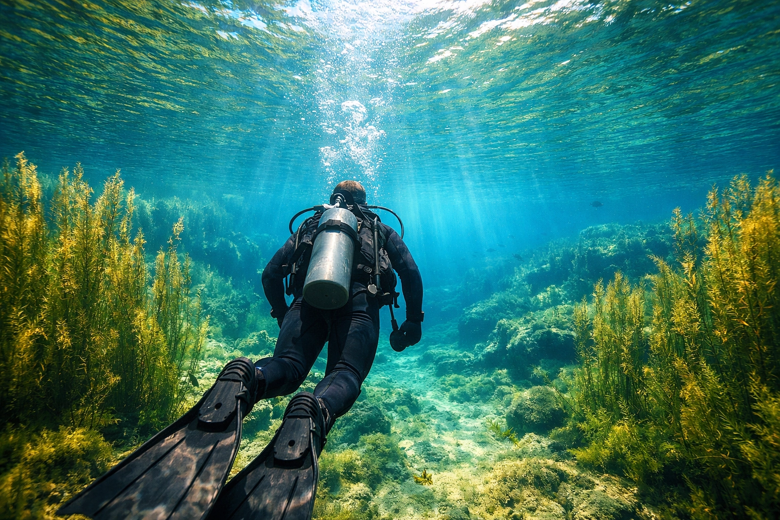 Taucher schwimmt entspannt durch Unterwasserpflanzen nach erfolgreichem Stress & Rescue Training.