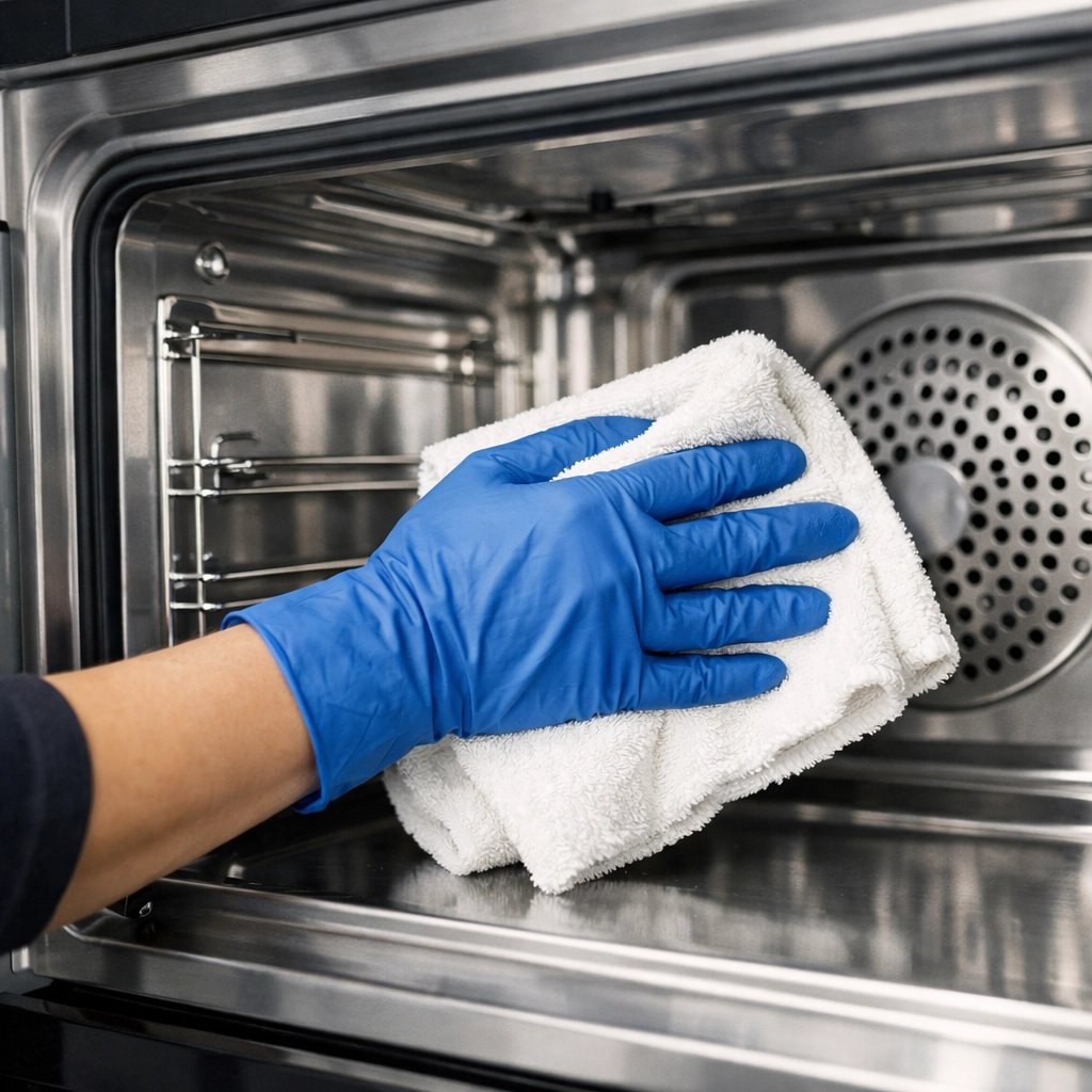Professional cleaner deep cleaning oven interior during apartment turnover