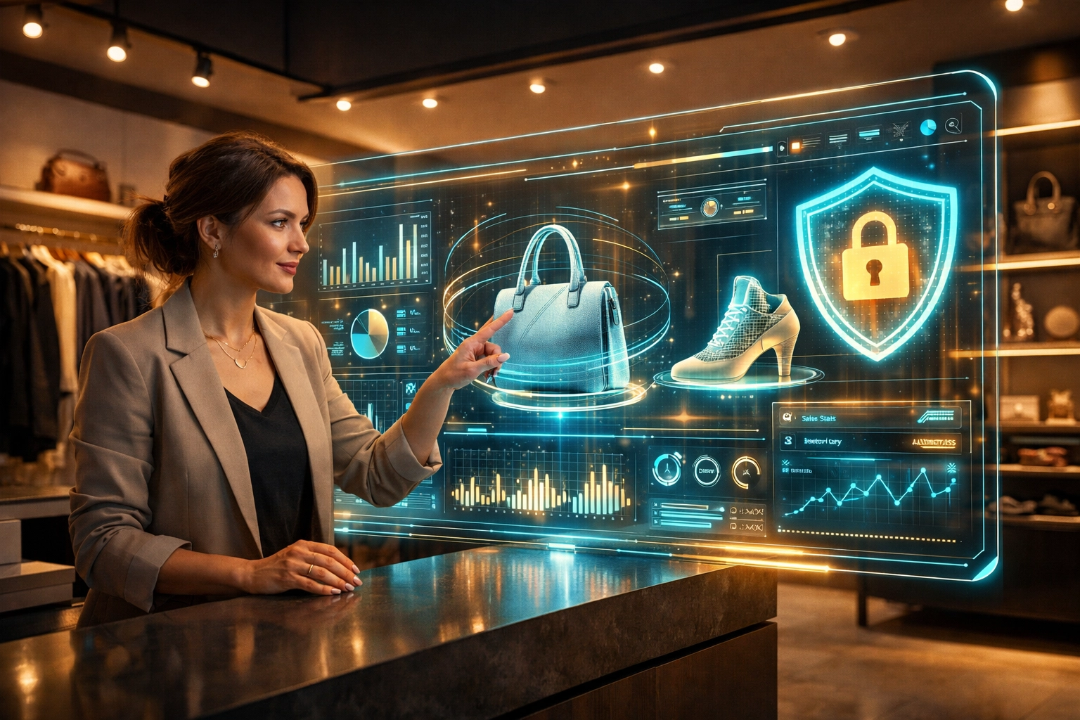 Merchant using an AI-powered dashboard to manage sales and security in the Larecoin.ai ecosystem.