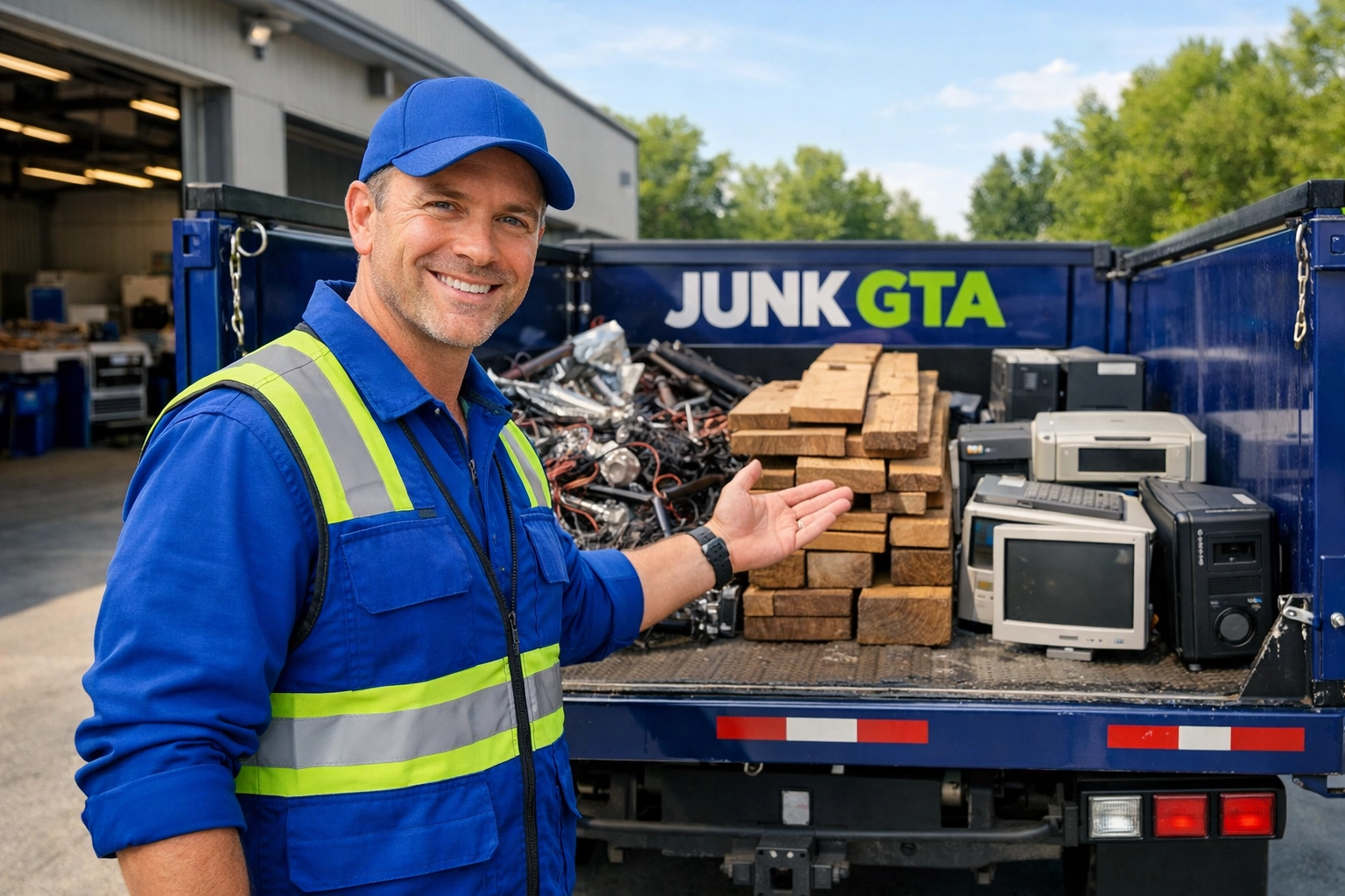 Junk GTA owner Roman K sorting recyclable scrap metal and e-waste for eco-friendly junk removal in Simcoe County.