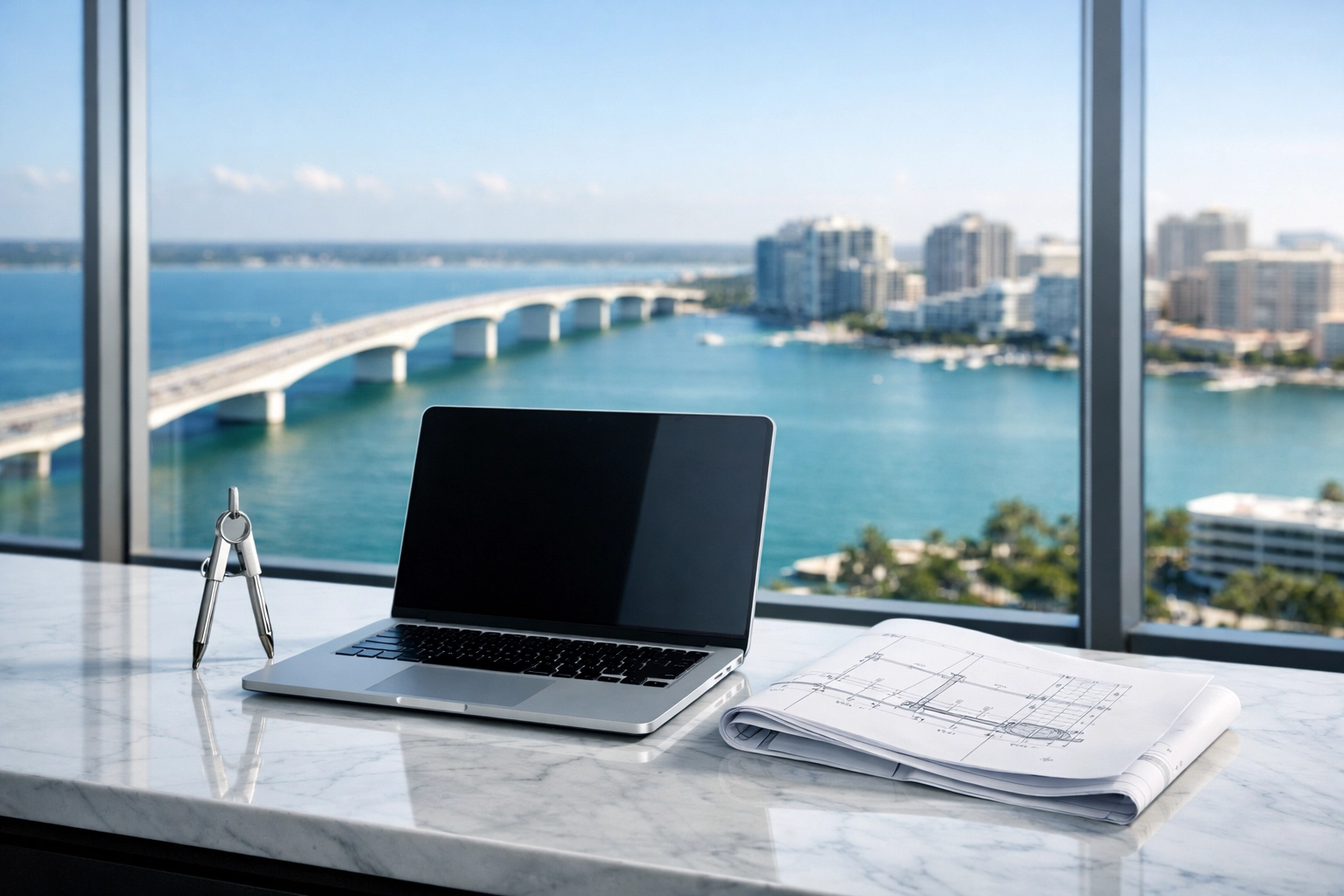 Professional workspace in Downtown Sarasota overlooking the bay, representing strategic Sarasota FL SEO services.