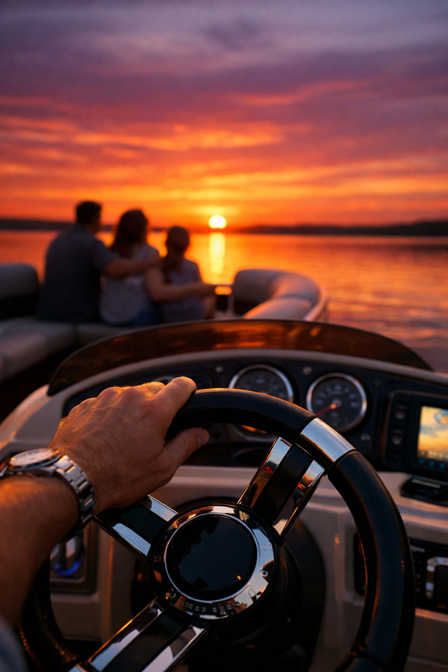 Family enjoying a sunset cruise on one of the best pontoon boats for a relaxing experience.