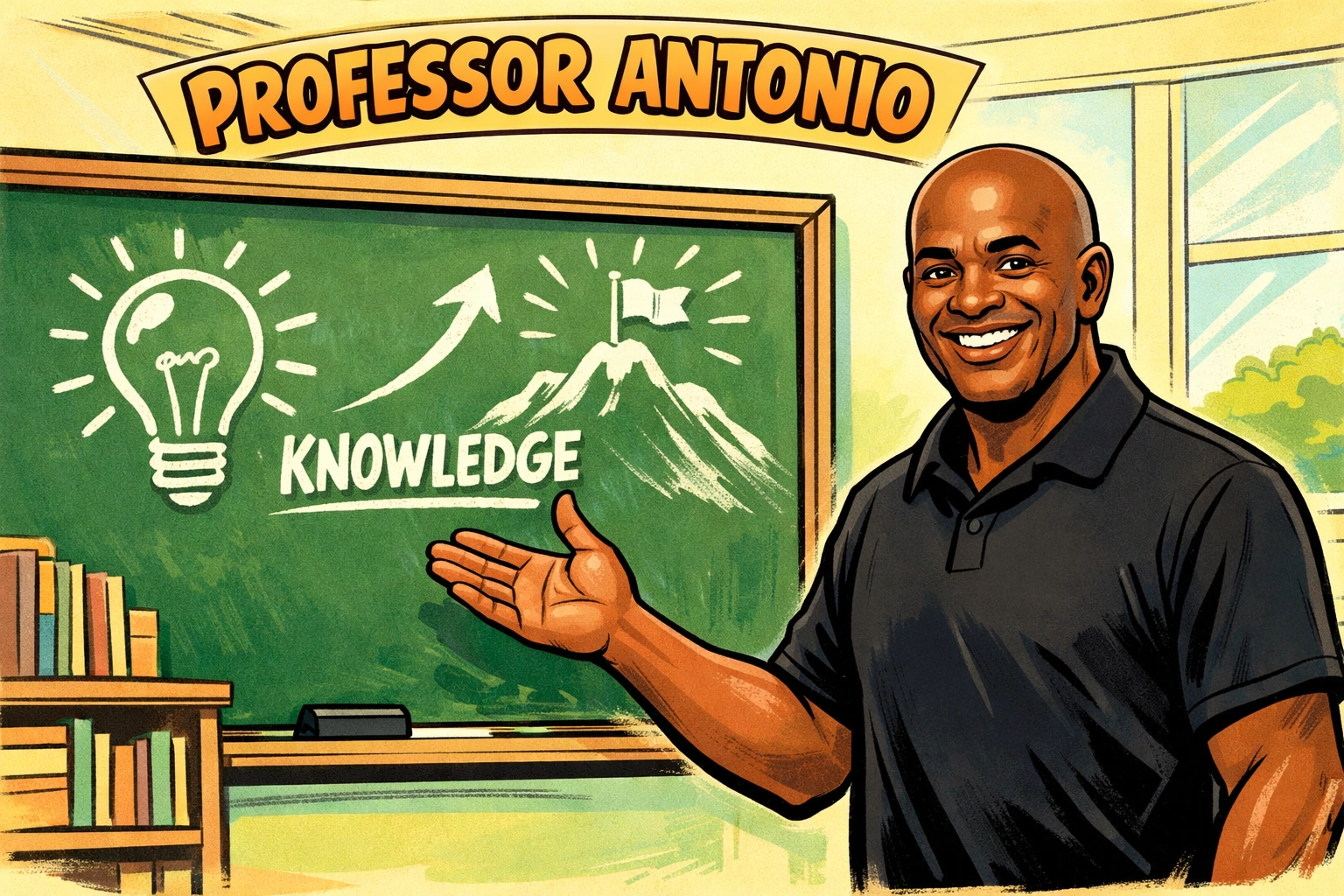 Professor Antonio pointing to a chalkboard teaching academic vocabulary and erudition for youth.