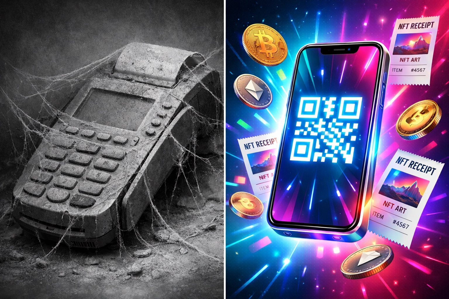 Traditional dusty POS terminal versus modern smartphone QR code crypto payment system comparison