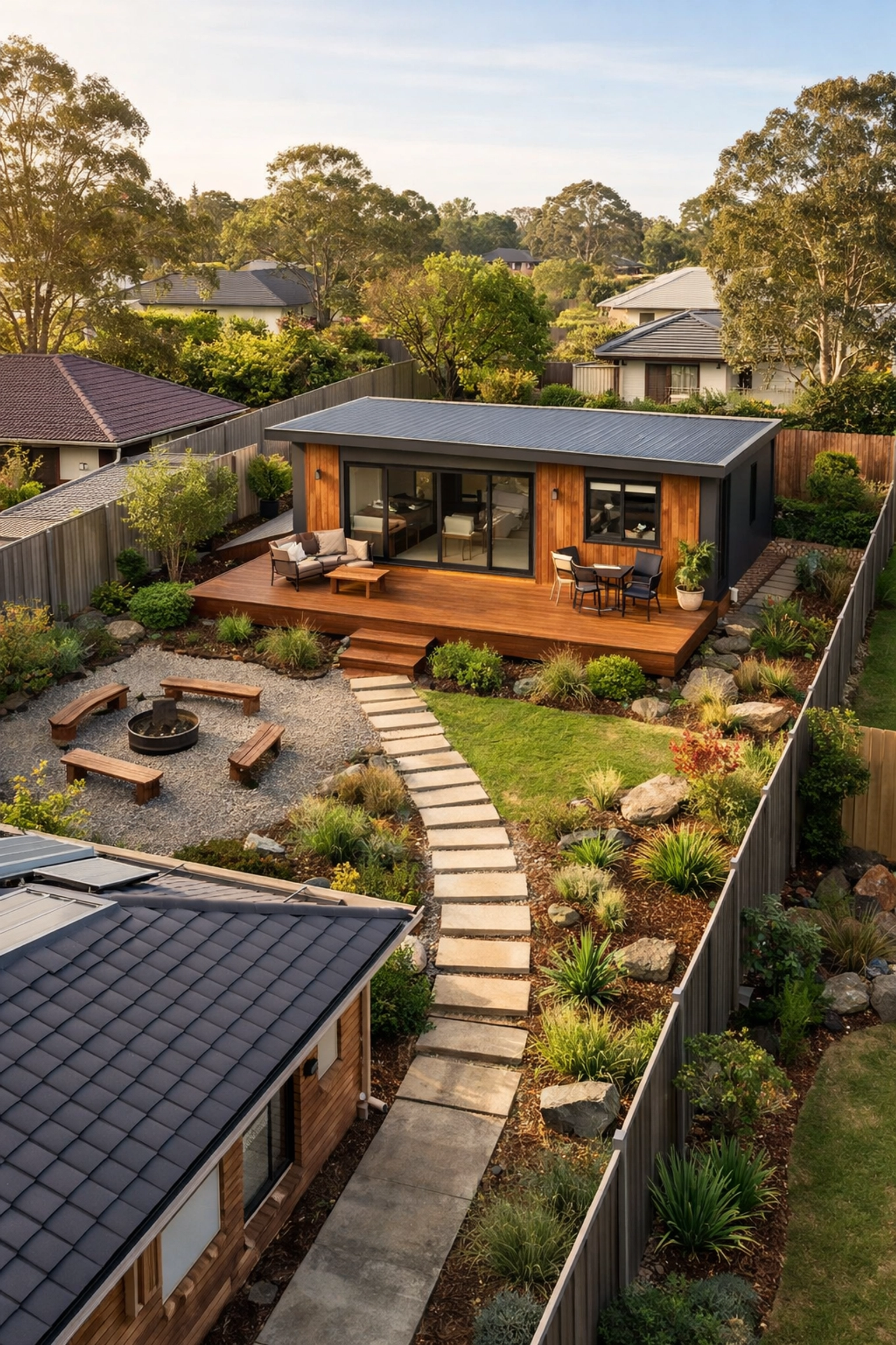 Aerial view of modular granny flat on rear lot with timber deck and landscaping beside main house