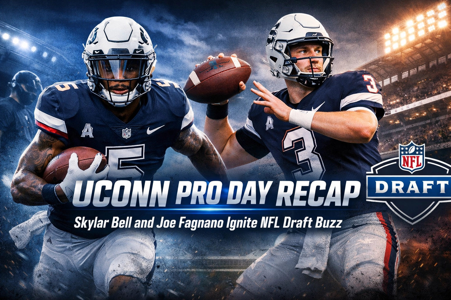 Skylar Bell performing an elite 41-inch vertical jump at UConn Pro Day for NFL scouts. A dynamic action shot of Skylar Bell performing the vertical jump at UConn Pro Day with NFL scouts watching intensely.