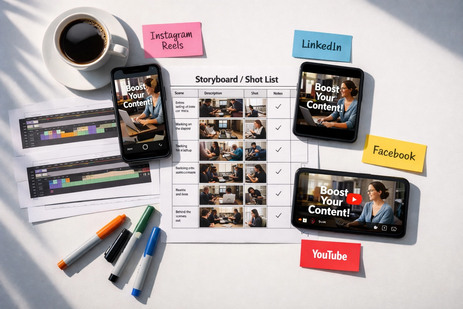 Overhead view of video content workflow showing smartphones with social media formats, storyboard, and planning materials