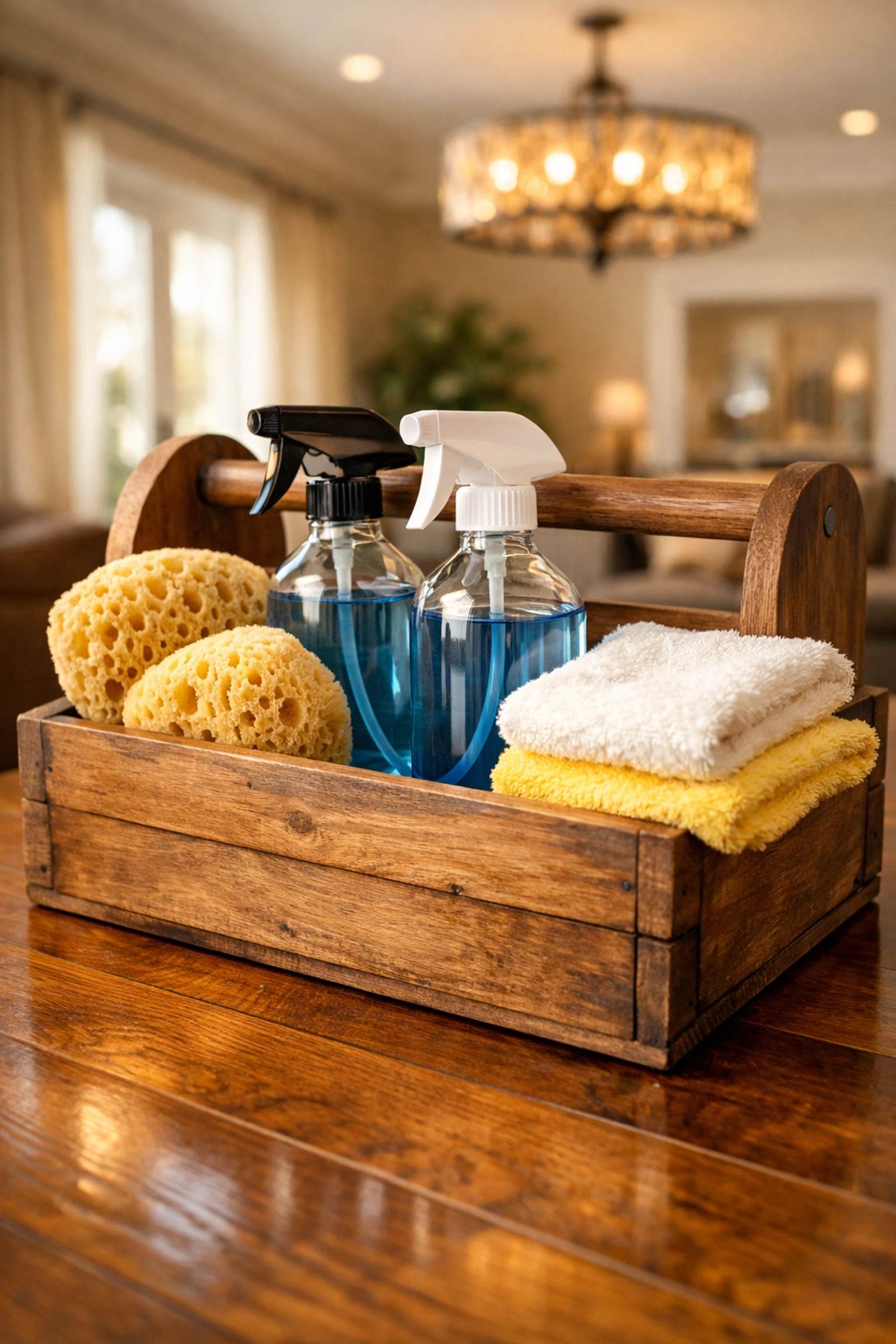Natural eco-friendly house cleaning MA supplies in a caddy for residential spring cleaning.
