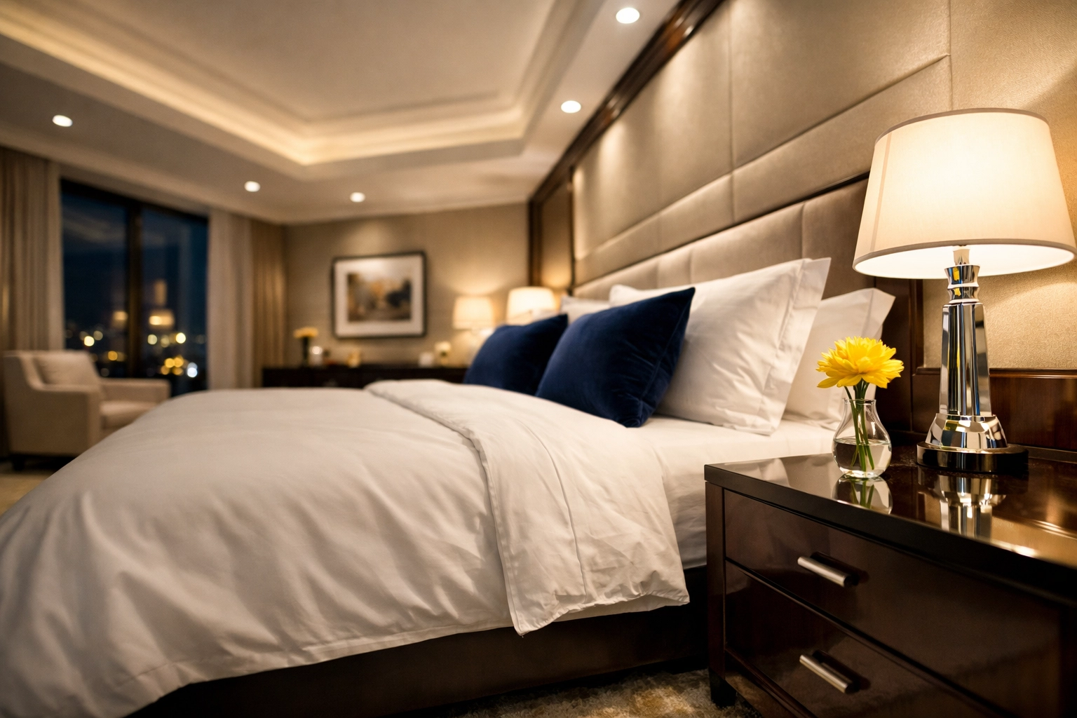 Spotless luxury bedroom with crisp white linens from a top-rated house cleaning Worcester MA company.