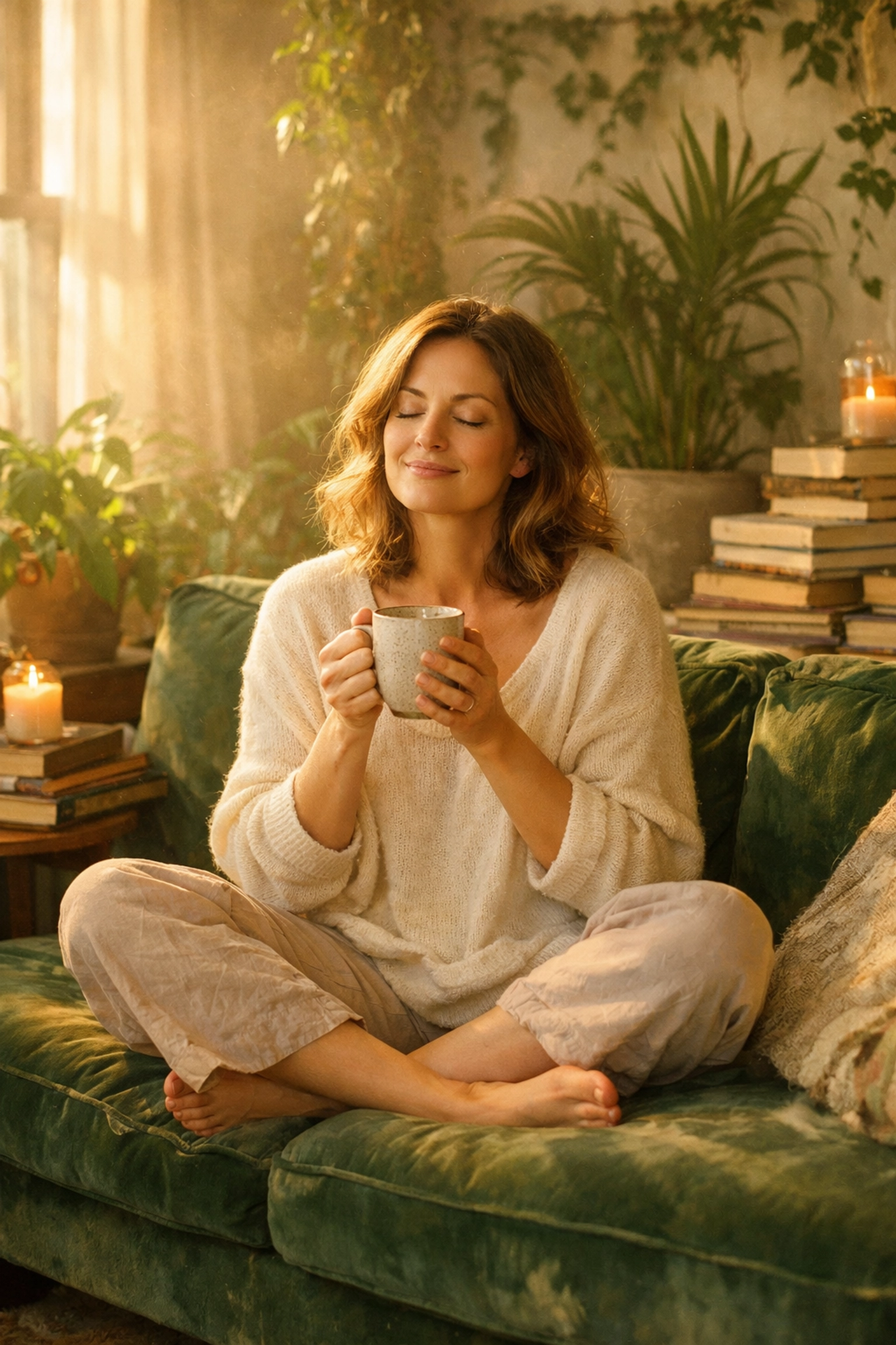 A woman resting peacefully on a green sofa, representing the groundedness of overcoming self abandonment in midlife.