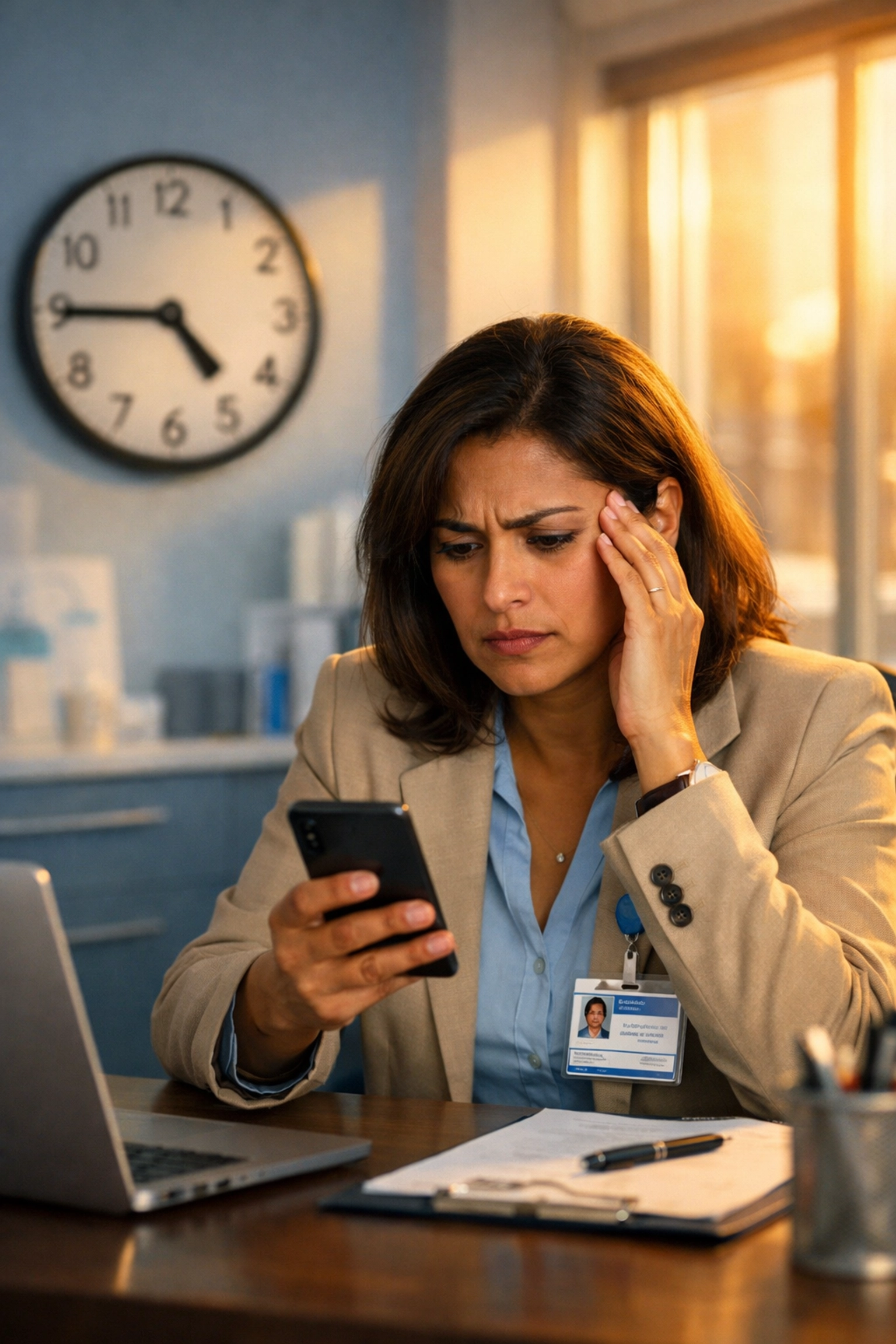 Healthcare facility manager receiving urgent physician call-out notification on Friday afternoon