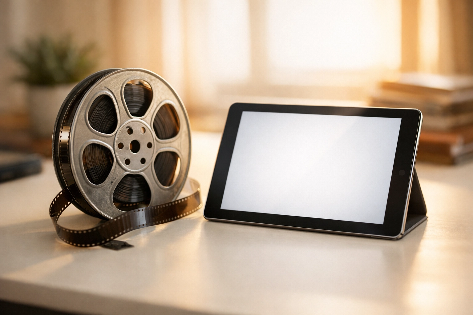 Vintage film reel next to digital tablet representing nostalgia marketing and modern strategy