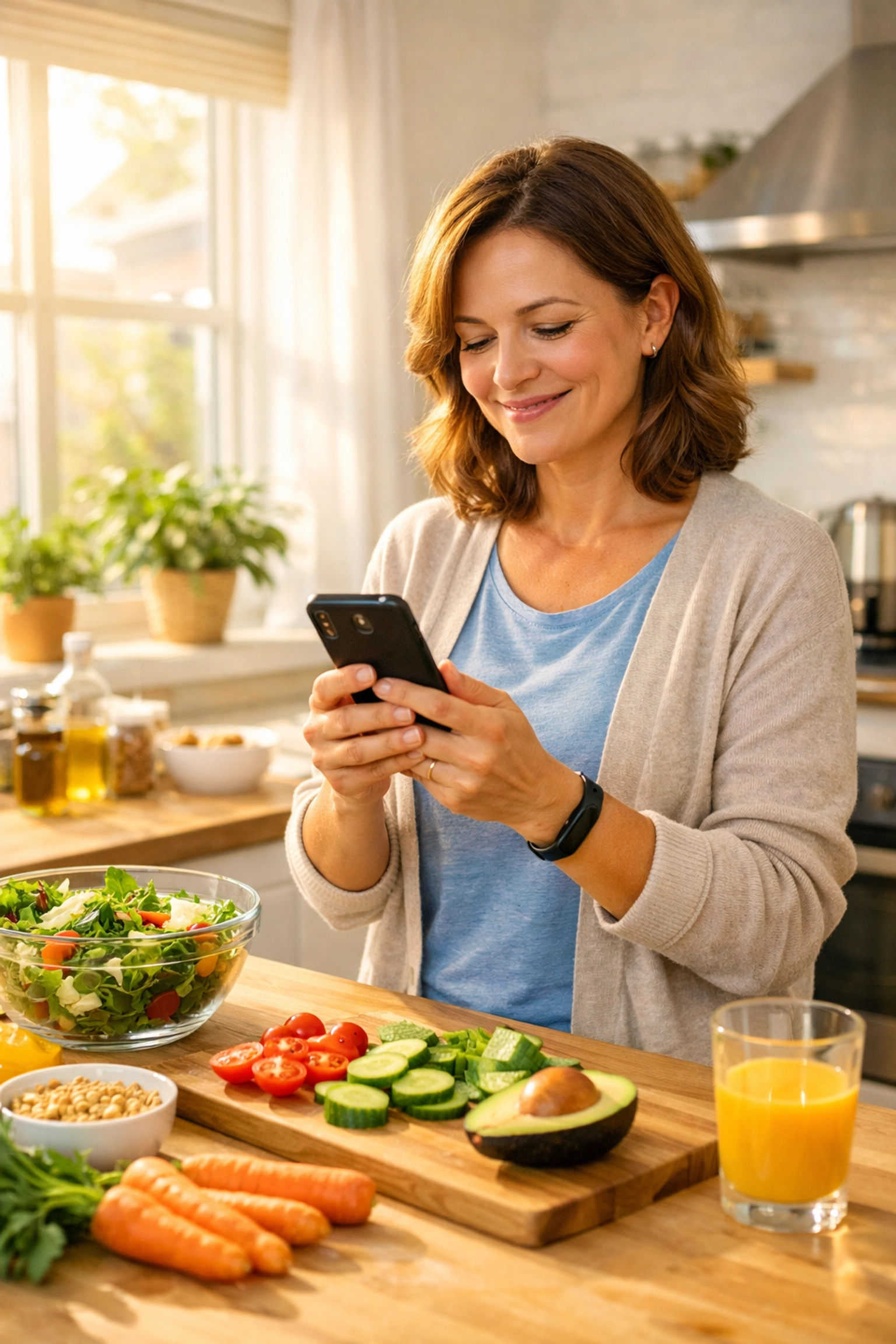 Person managing weight loss telehealth consultation while preparing healthy meals at home