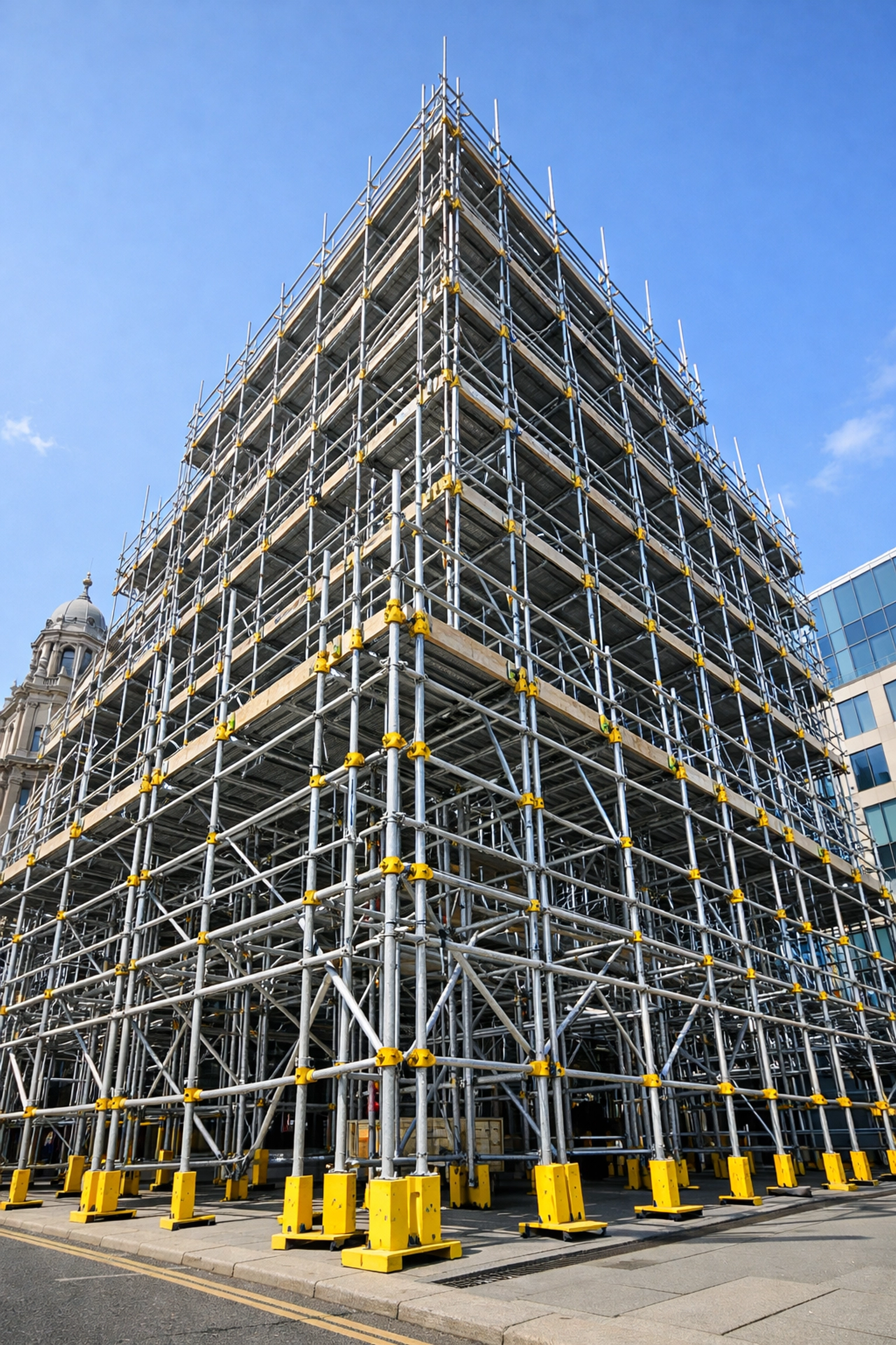 Professional commercial scaffolding installation for a large-scale urban construction project in the UK.