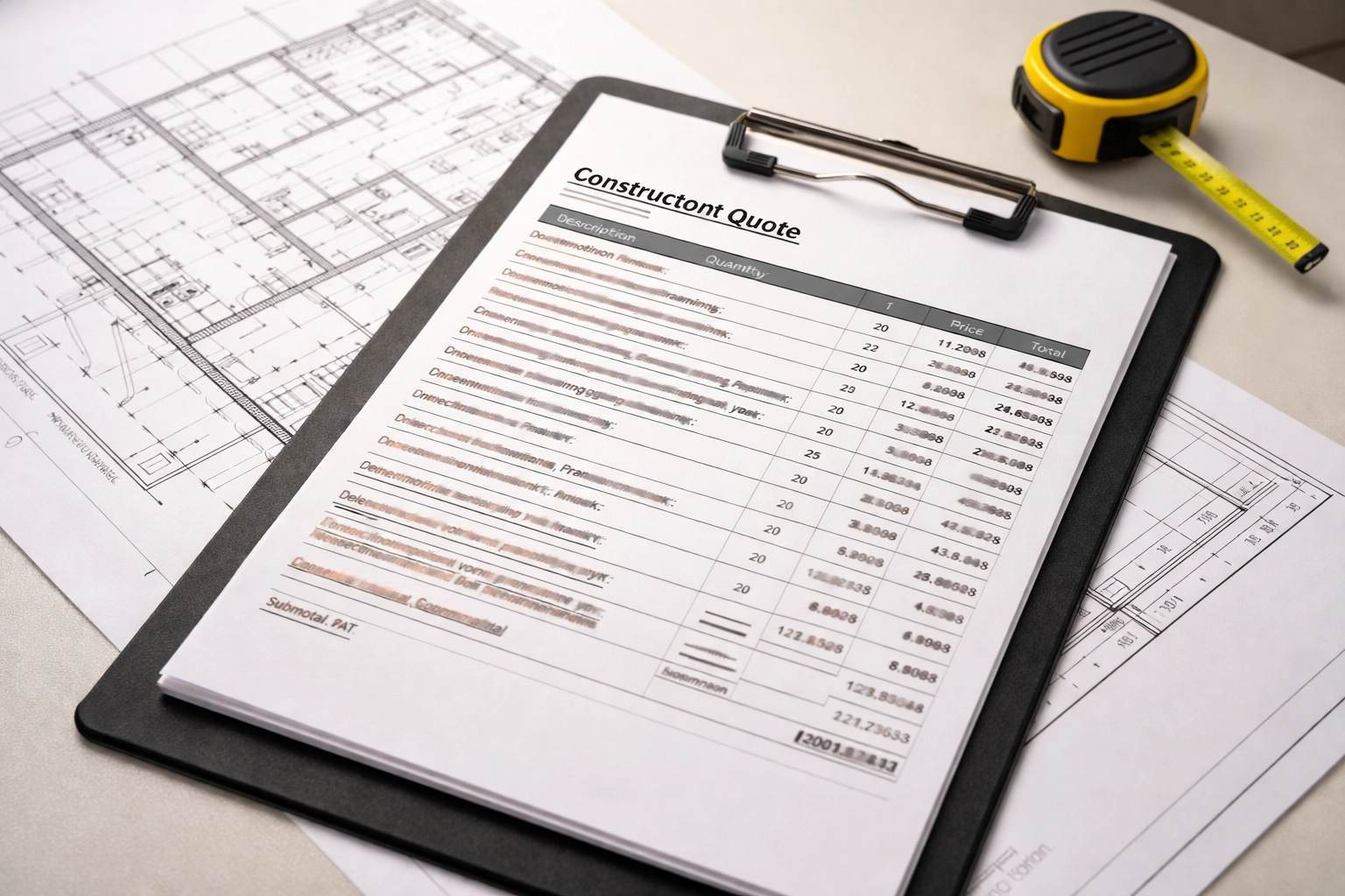 Detailed house extension quote with itemised specifications and architectural drawings