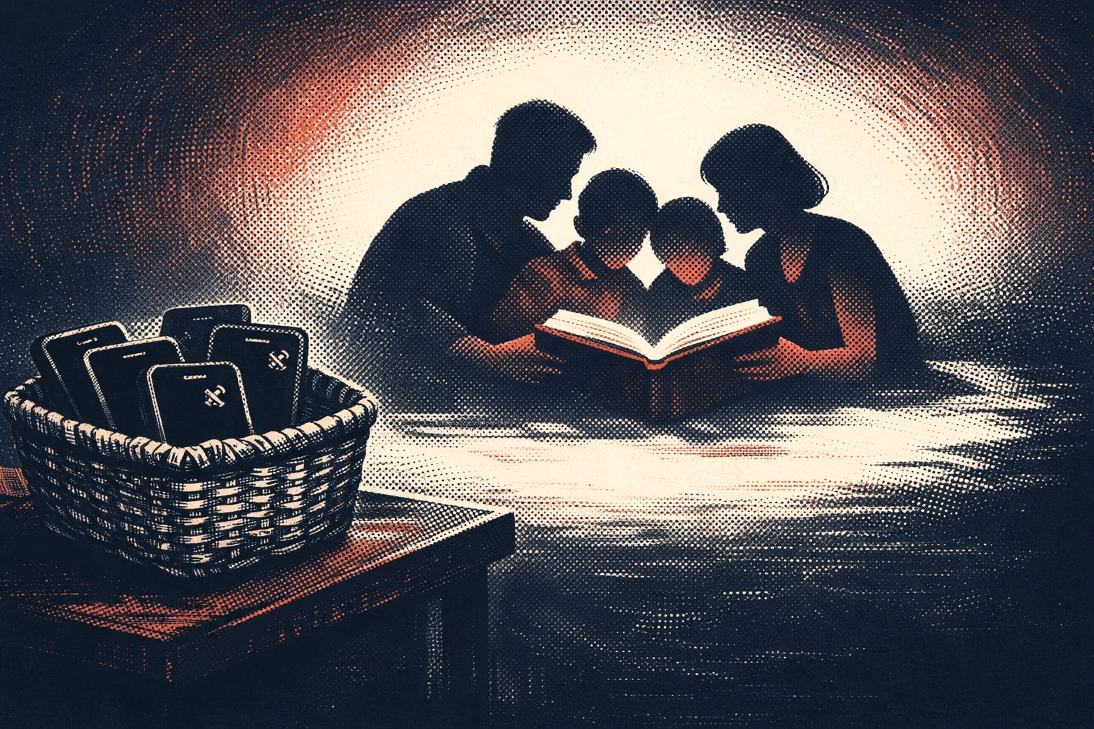 Silhouette of a family reading together with smartphones put away to reduce screen time.