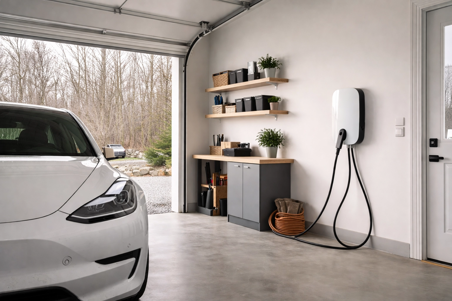 Modern EV charger installation in Southern Maine garage for Electric Technology Rate savings
