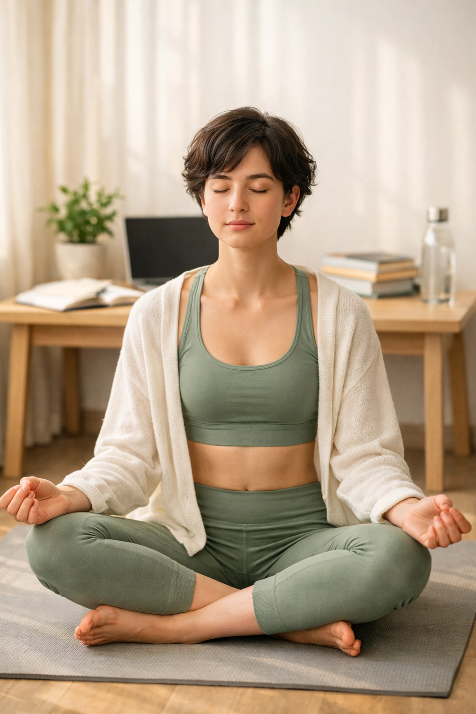 Medical student building mental stamina through meditation in study space