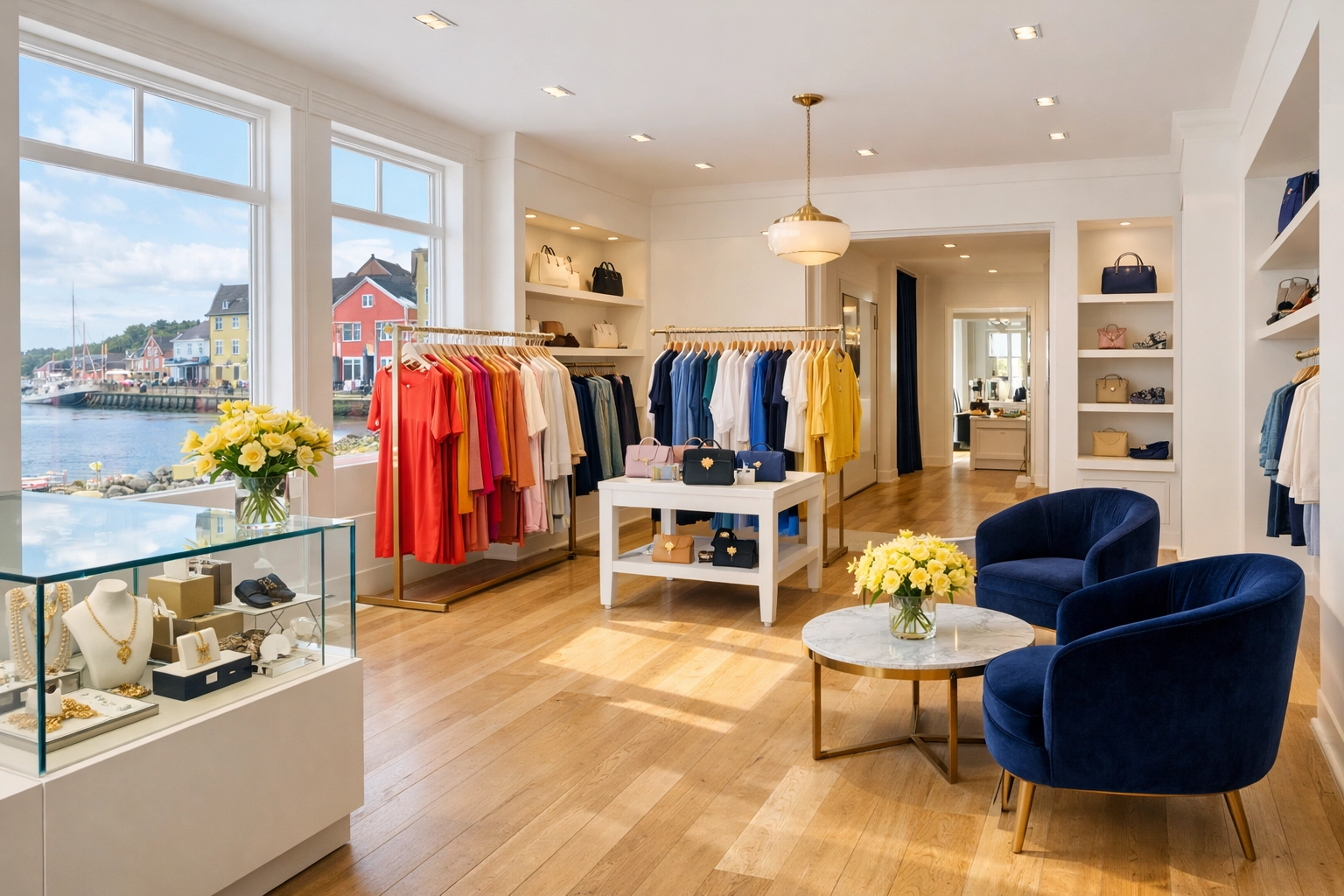 Clean Lunenburg boutique interior with polished wood floors and spotless retail display cases.